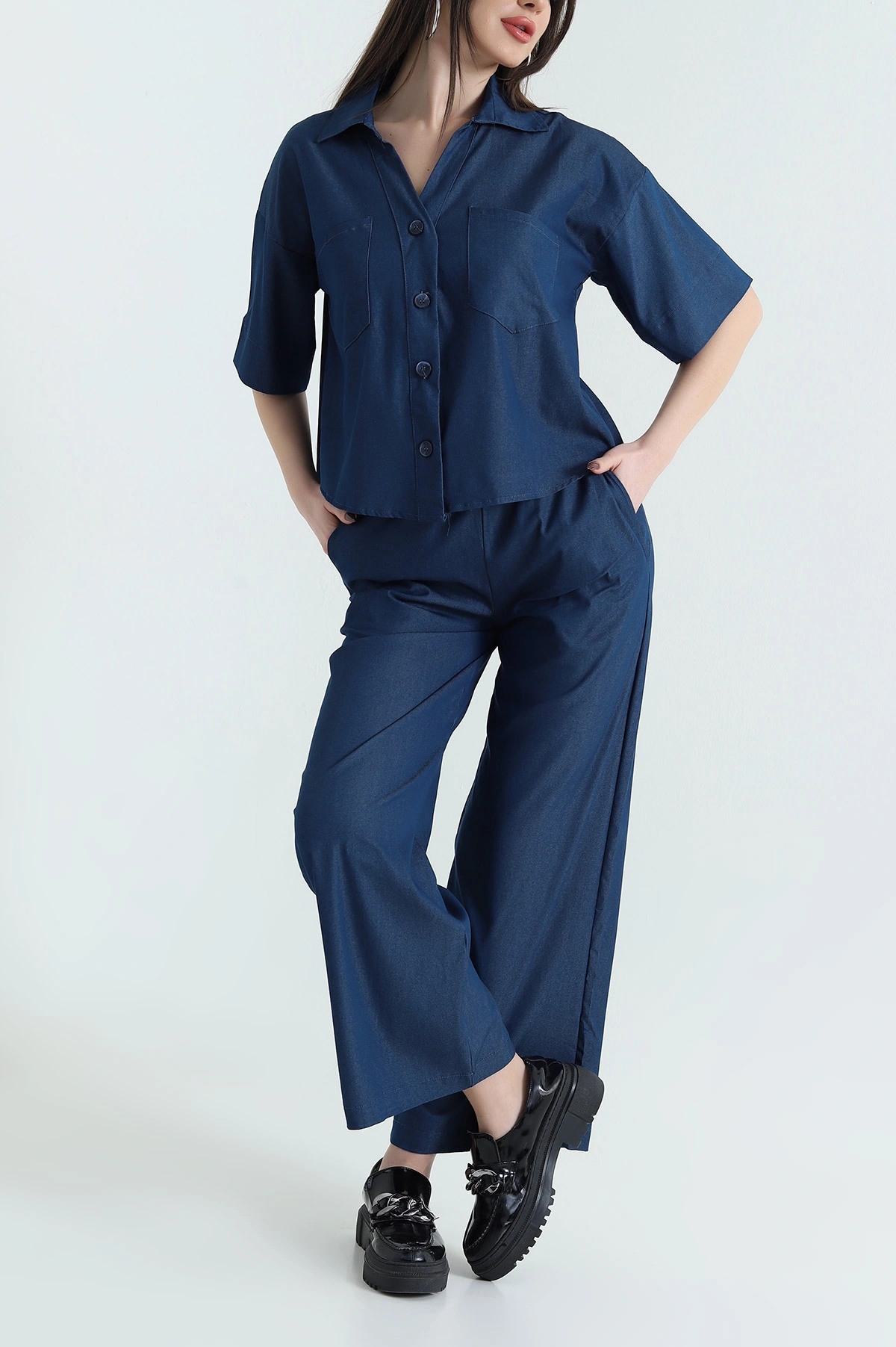 Lacivert Cepli Bel Lastikli Denim Kadın İkili Takım 430120