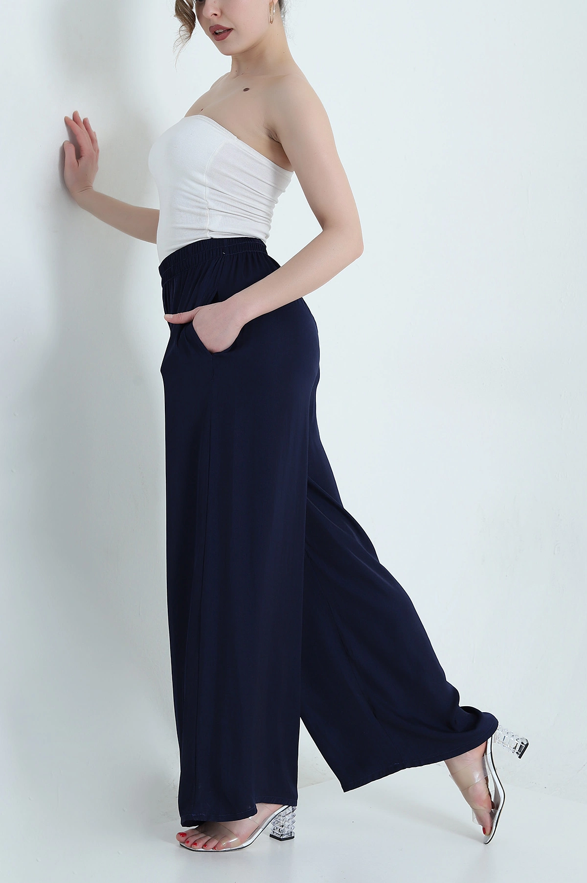 Lacivert Cepli Bel Lastikli Tencel Kadın Pantolon 446678
