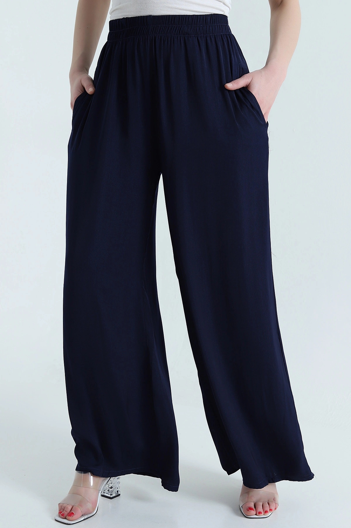 Lacivert Cepli Bel Lastikli Tencel Kadın Pantolon 446678