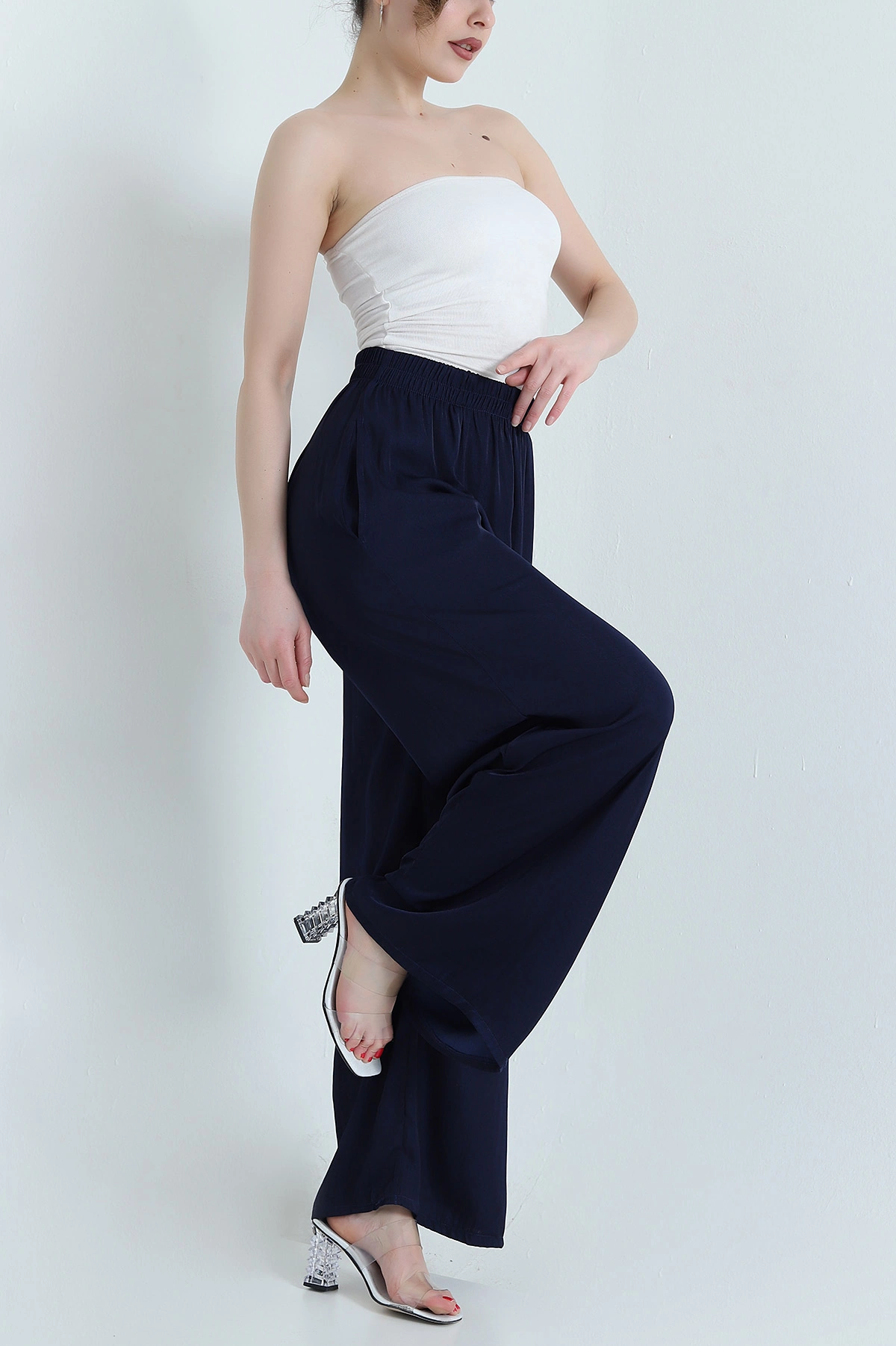 Lacivert Cepli Bel Lastikli Tencel Kadın Pantolon 446678