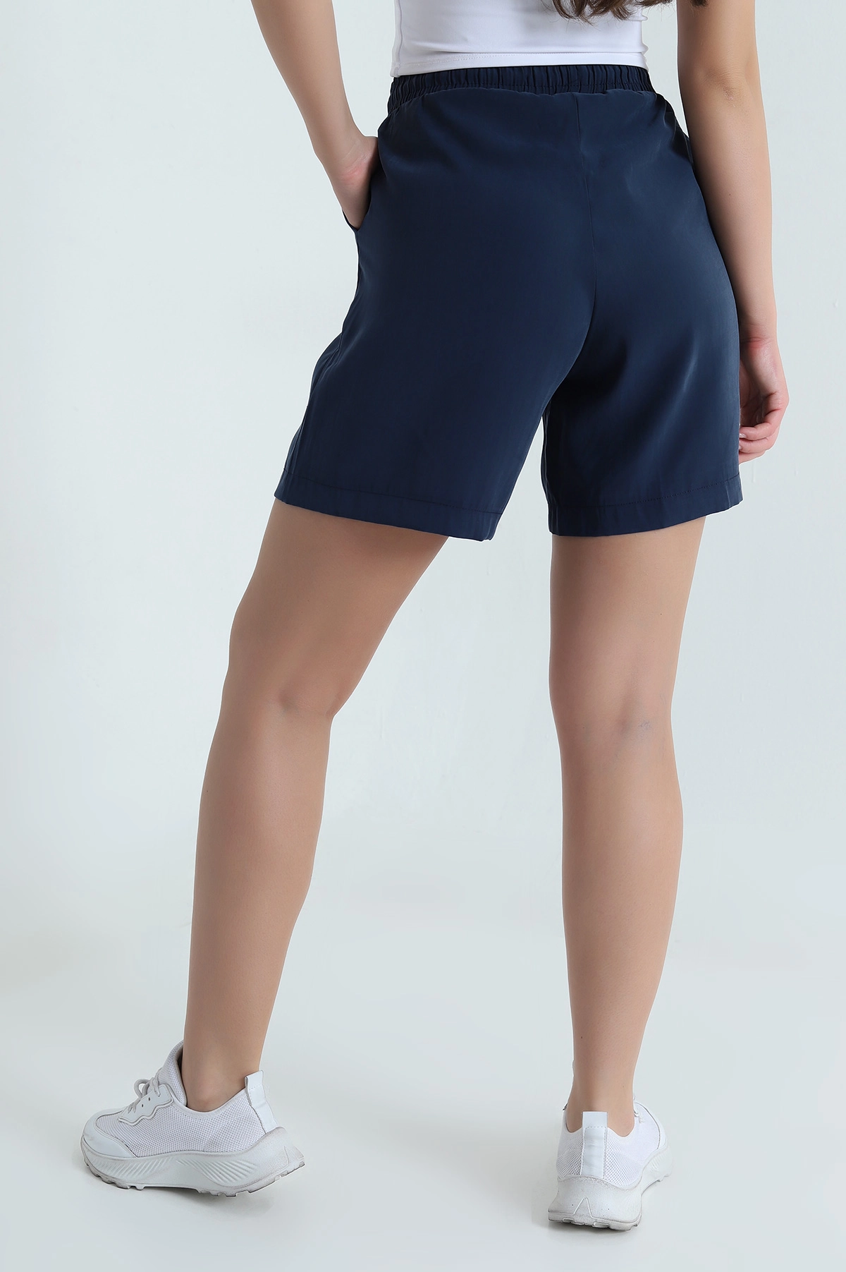 Lacivert Cepli Bel Lastikli Tencel Kadın Şort 464649