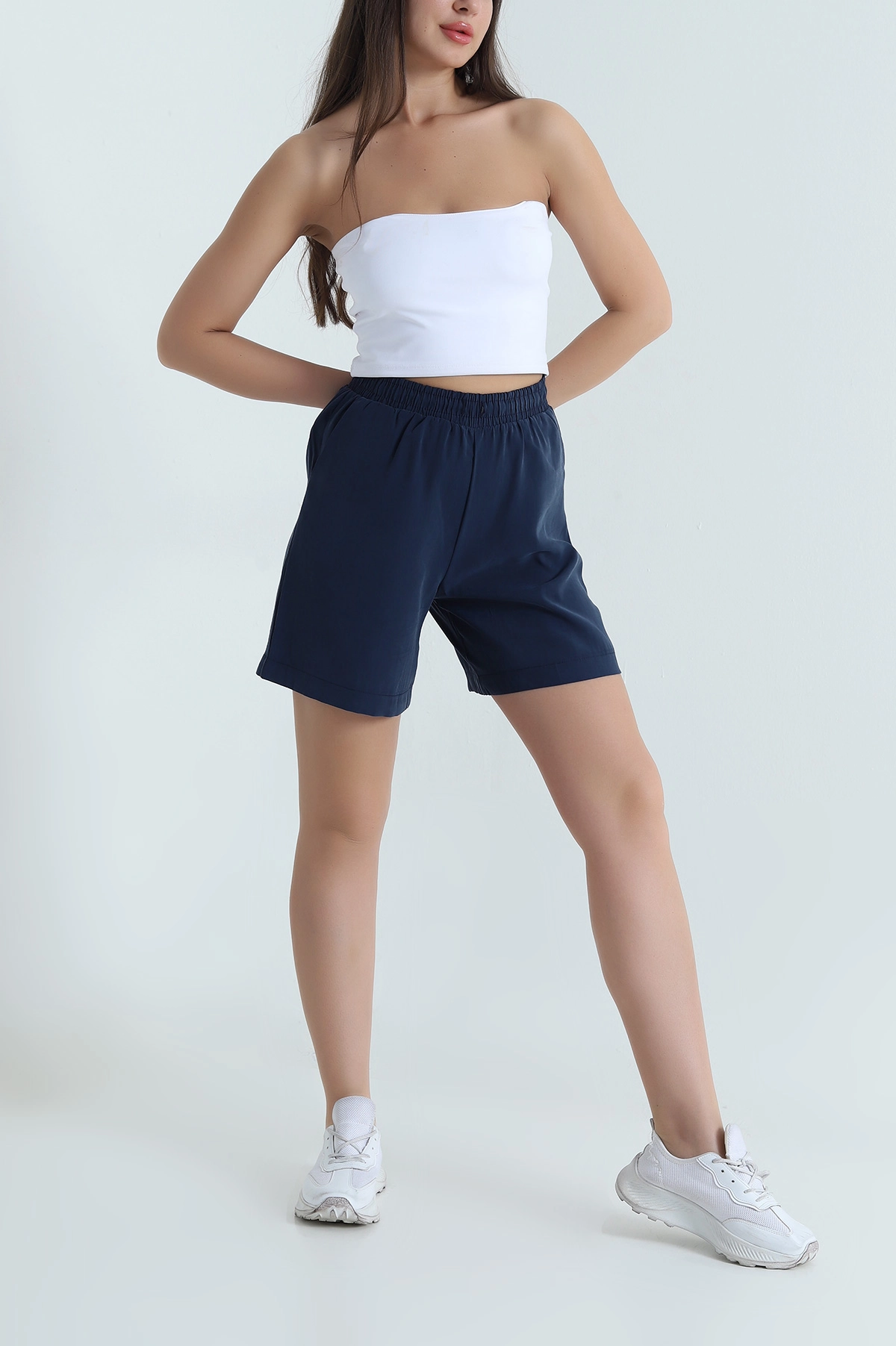 Lacivert Cepli Bel Lastikli Tencel Kadın Şort 464649