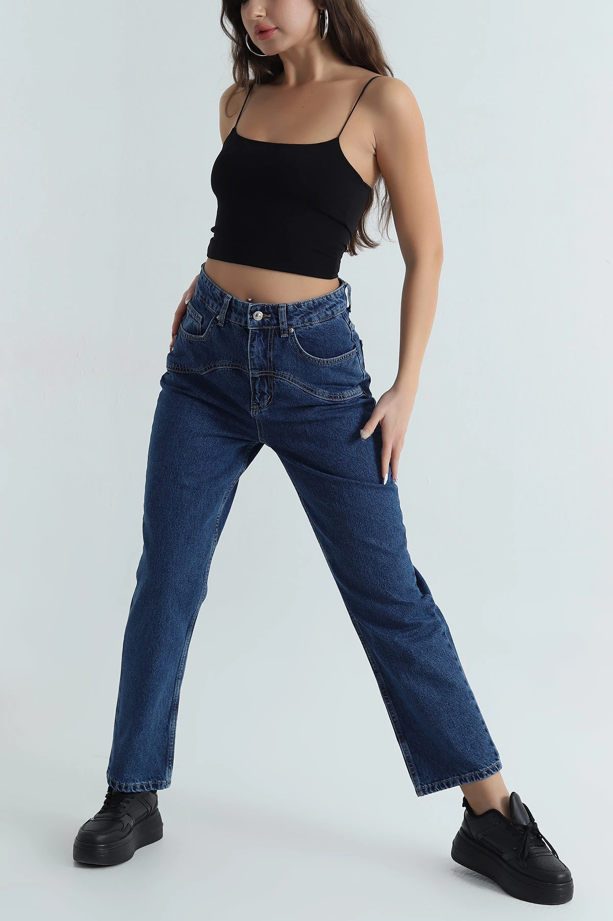 Lacivert Cepli Mom Kadın Kot Pantolon 399773