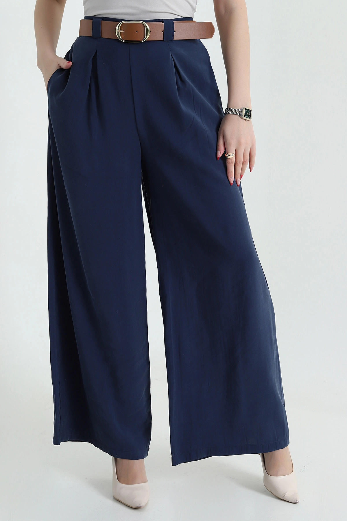 Lacivert Cepli Pileli Tencel Kadın Pantolon 436735