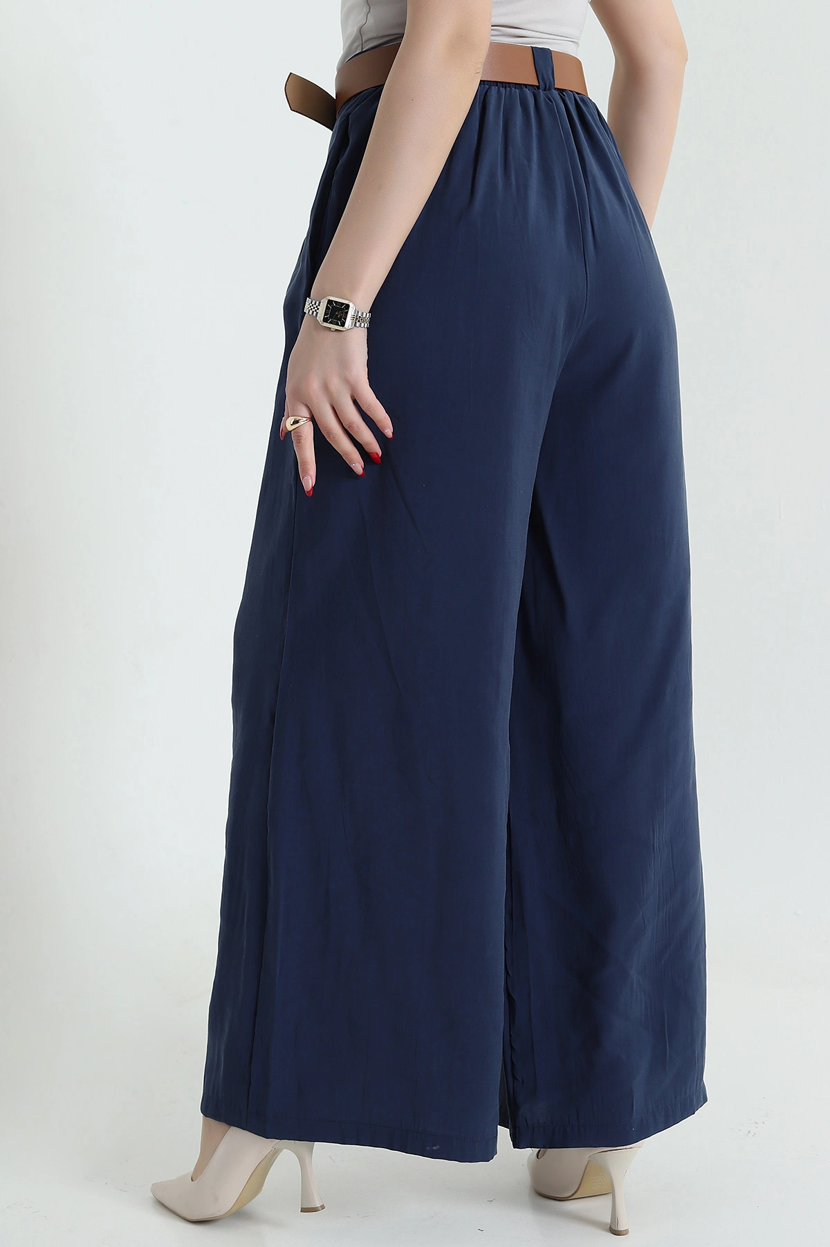 Lacivert Cepli Pileli Tencel Kadın Pantolon 436735