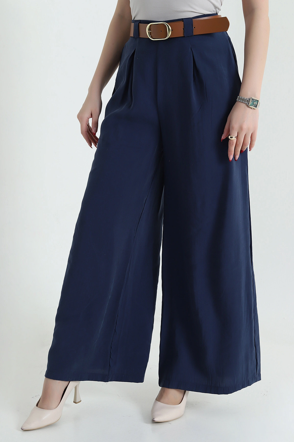Lacivert Cepli Pileli Tencel Kadın Pantolon 436735