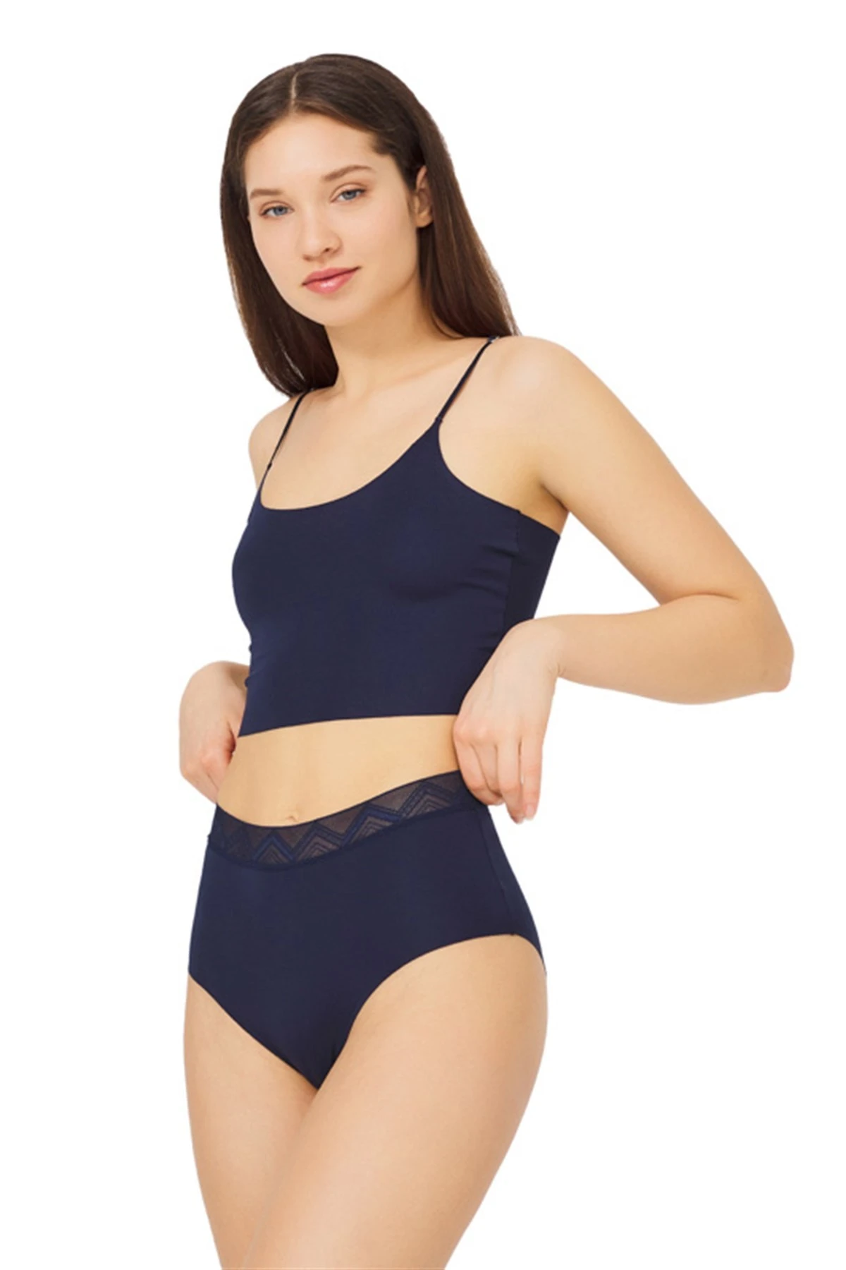 Lacivert CH4039 Desenli Lastikli Yüksek Bel Lazer Kesim Bikini Külot 237083