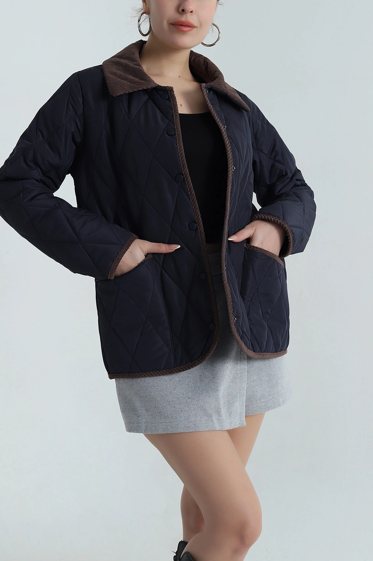 Lacivert Çift Cep Kapitone Kadın Mont 404163