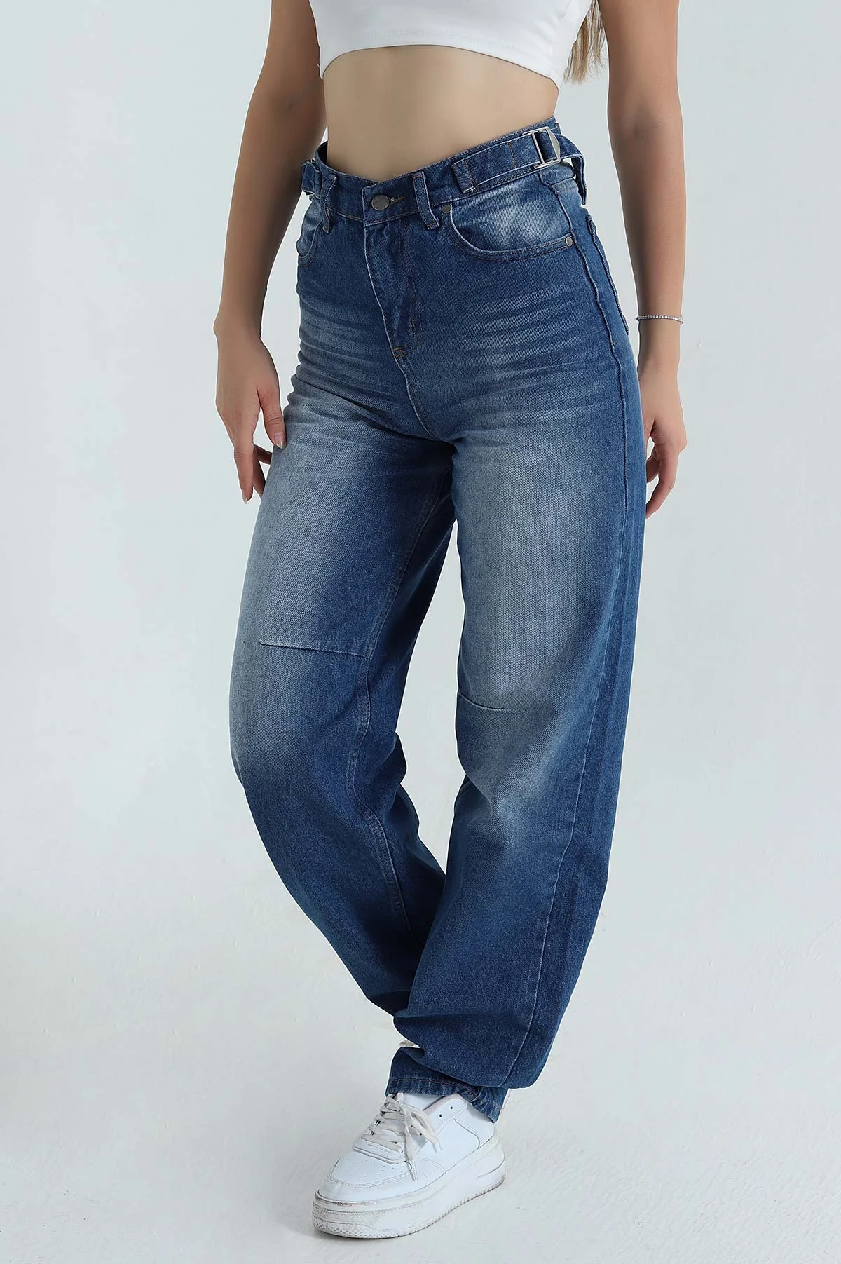 Lacivert Çift Tokalı Cepli Baggy Kadın Kot Pantolon 402281