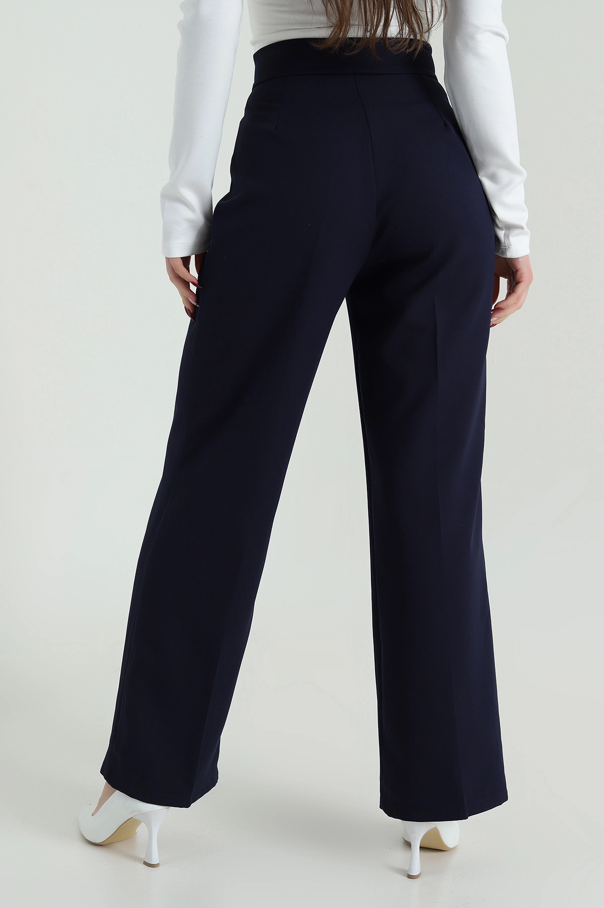Lacivert Cırtlı Kapama Kemerli Kadın Pantolon 422043