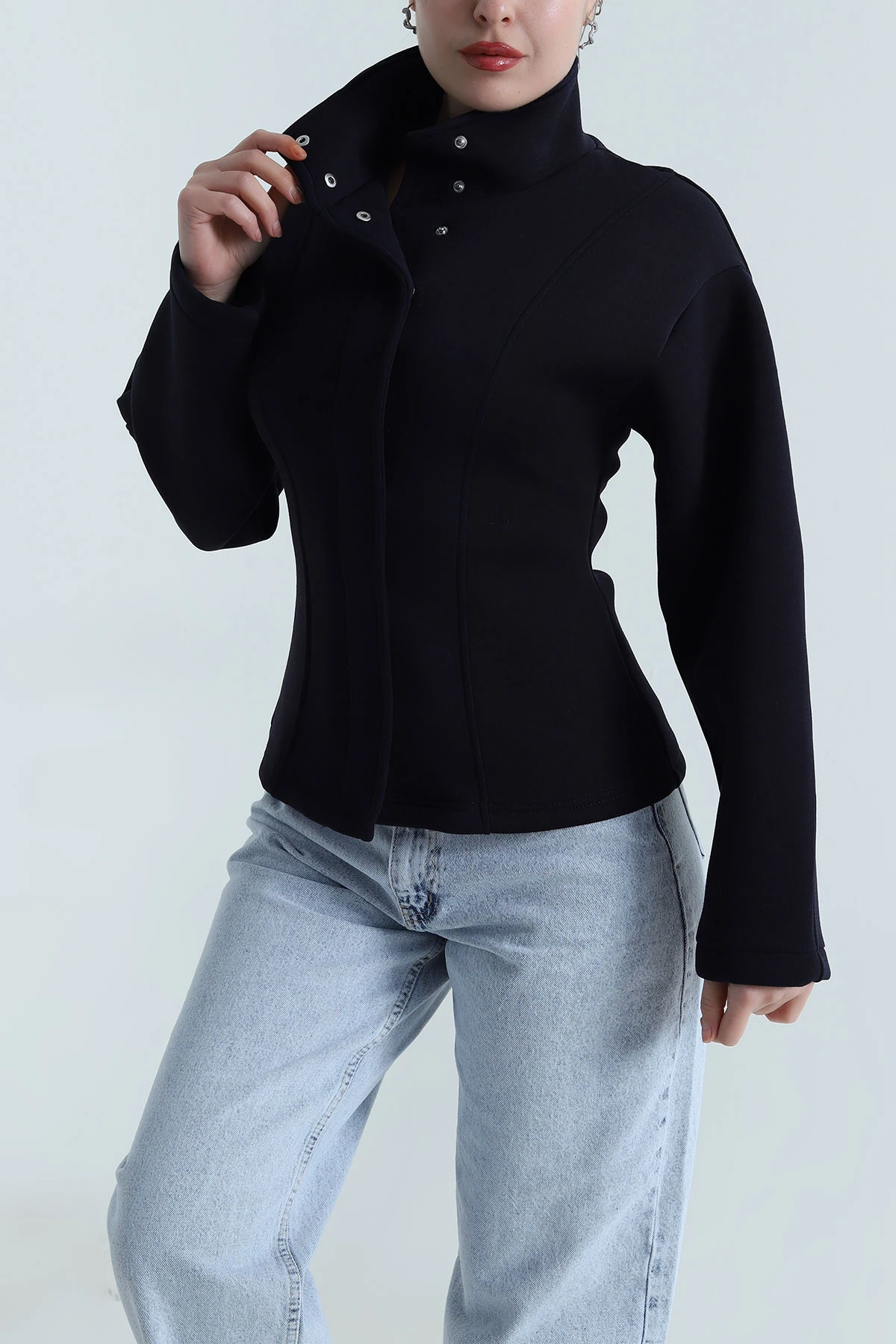 Lacivert Çıt Çıtlı Scuba Kadın Ceket 498292