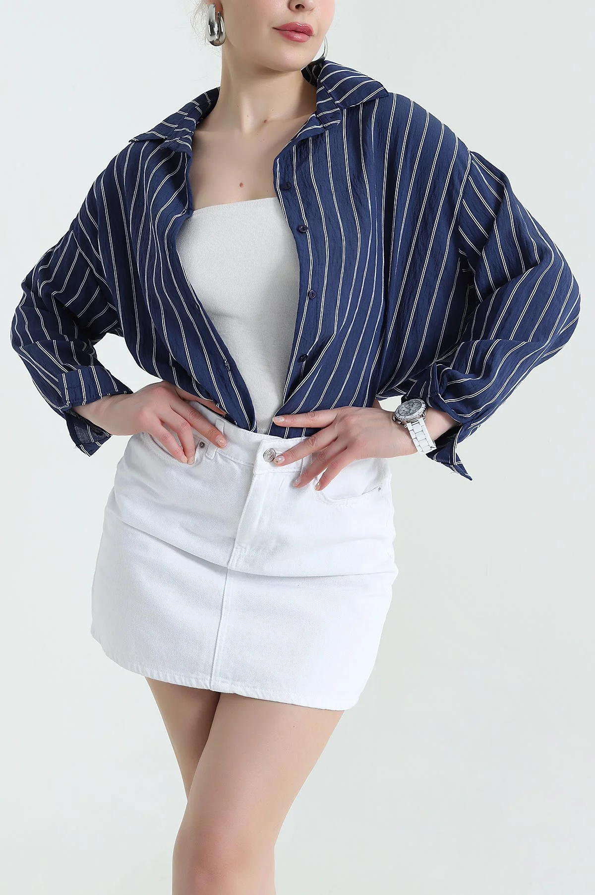 Lacivert Çizgili Aerobin Kadın Gömlek 437387