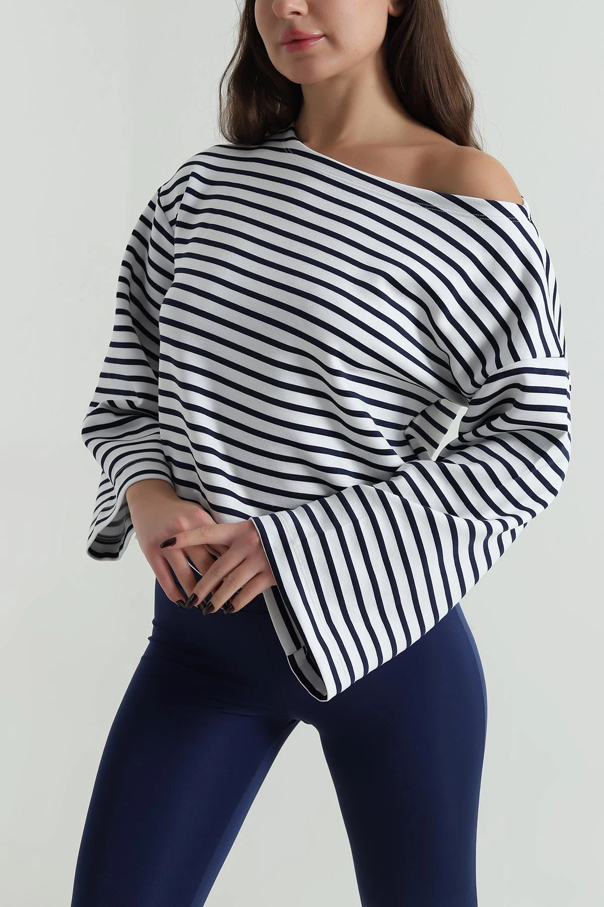 Lacivert Çizgili Kayık Yaka Modal Kadın Bluz 499865