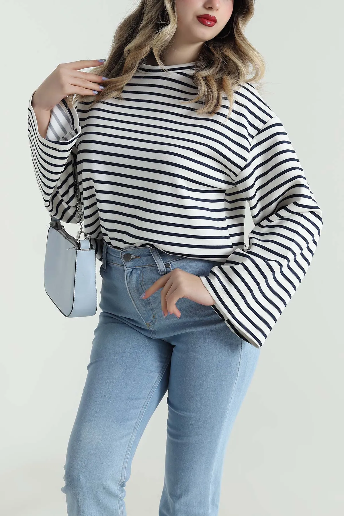 Lacivert Çizgili Modal Kadın Bluz 494847