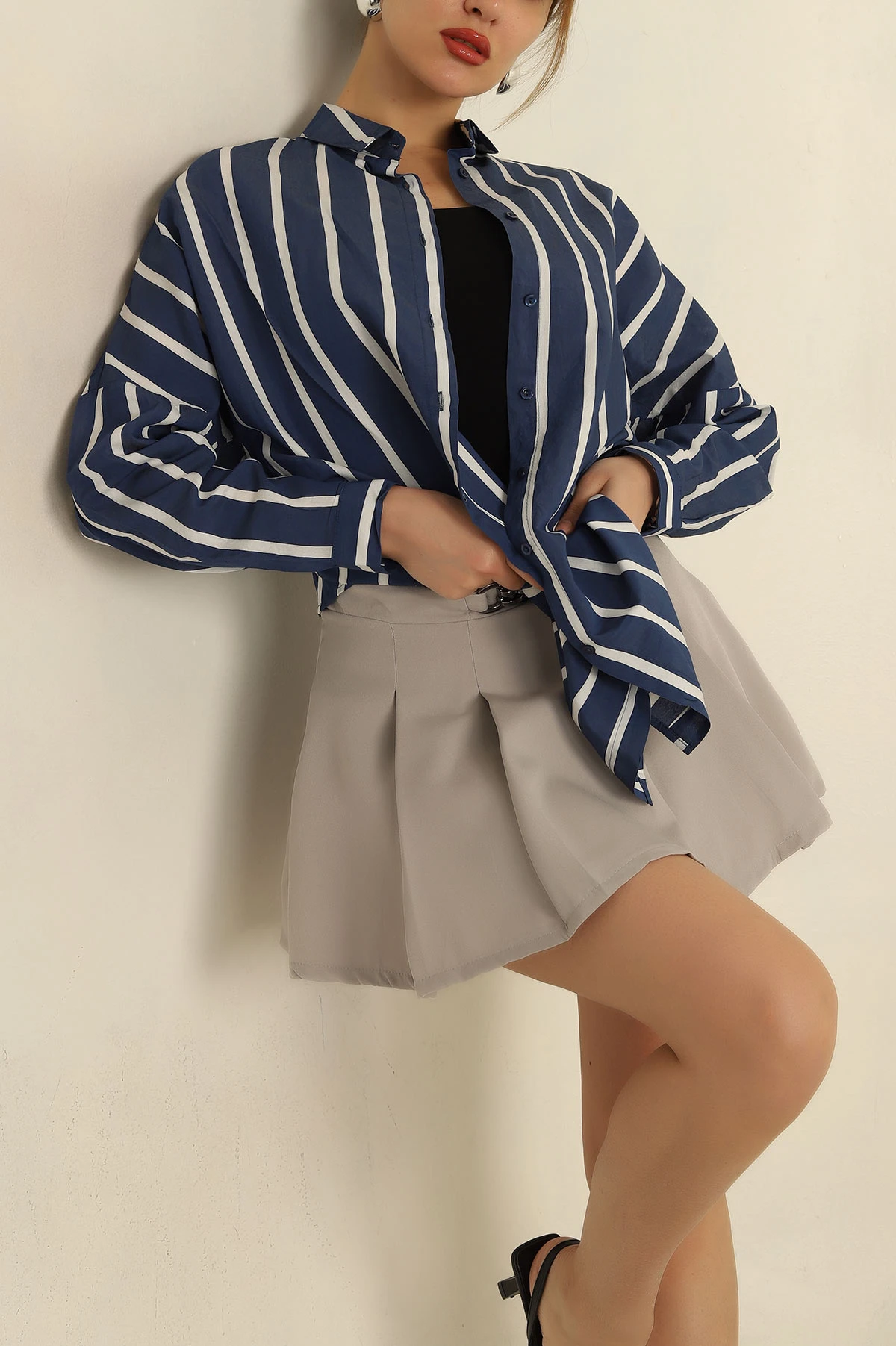 Lacivert Çizgili Oversize Basic Dokuma Gömlek 266425