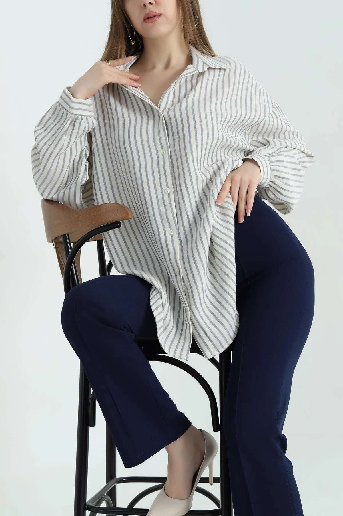 Lacivert Çizgili Oversize Bayan Keten Gömlek 336978