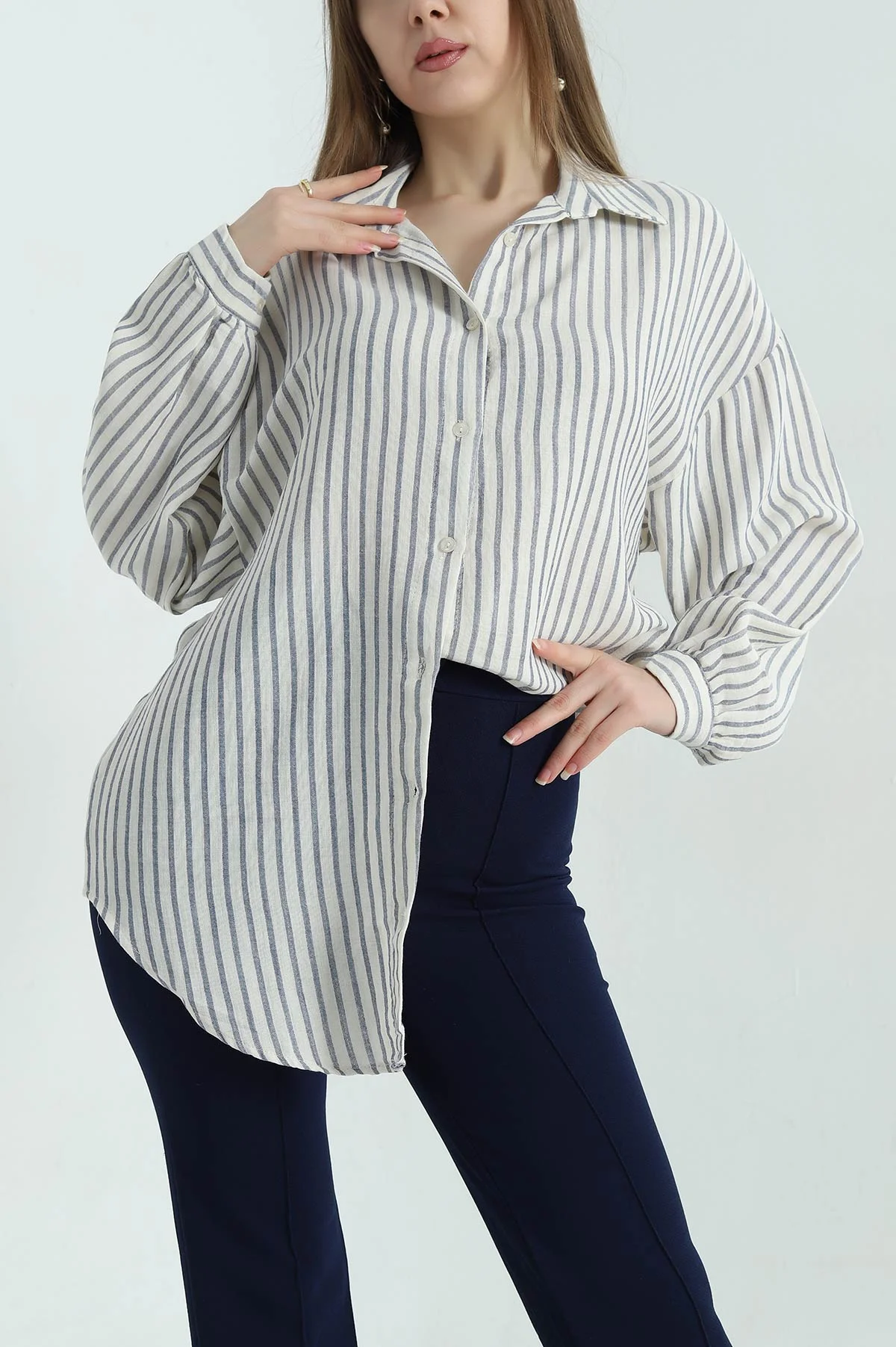 Lacivert Çizgili Oversize Bayan Keten Gömlek 336978
