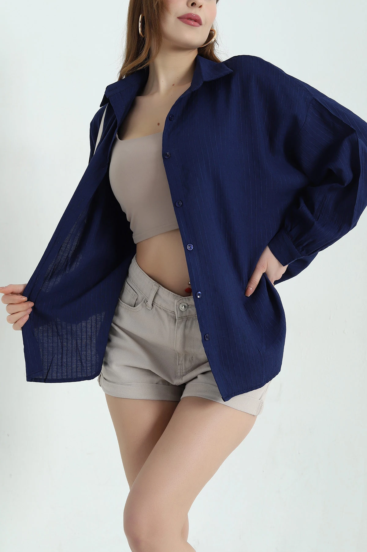 Lacivert Çizgili Oversize Keten Kadın Gömlek 336986