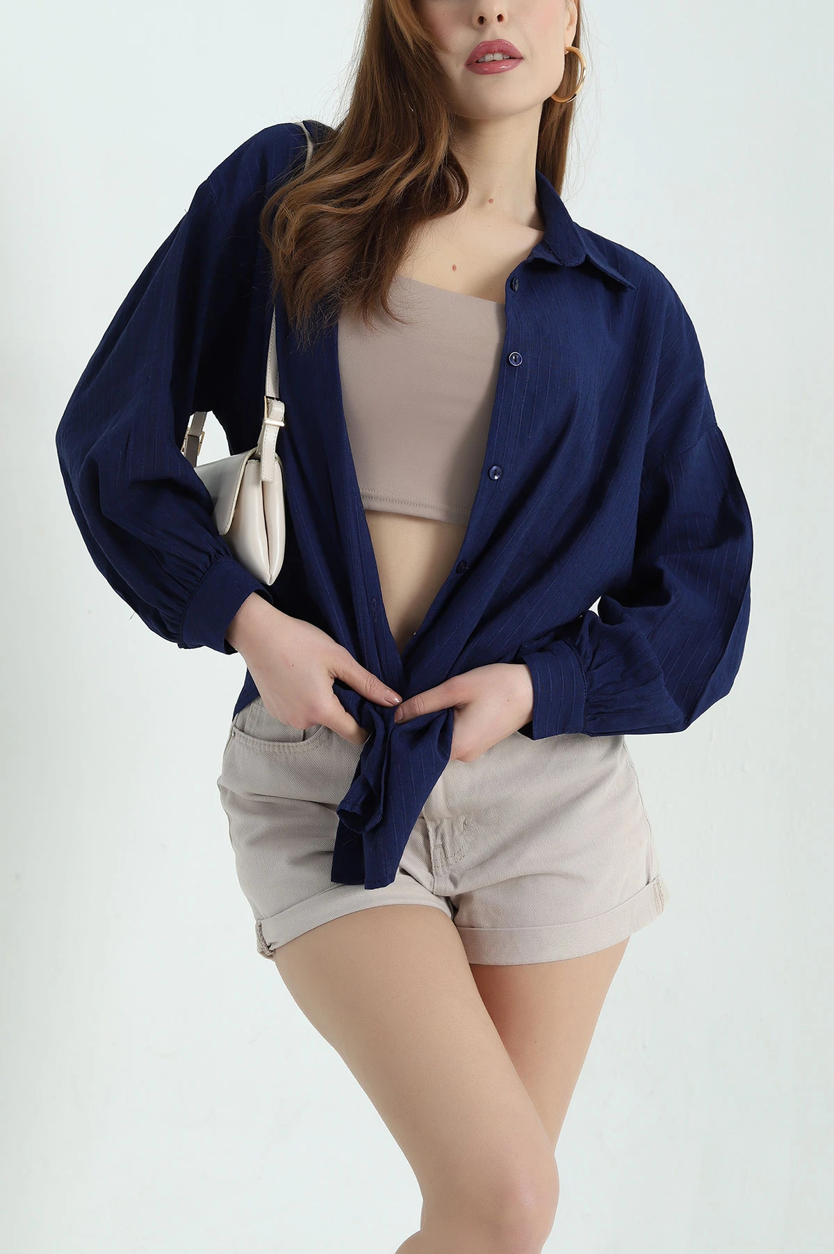 Lacivert Çizgili Oversize Keten Kadın Gömlek 336986