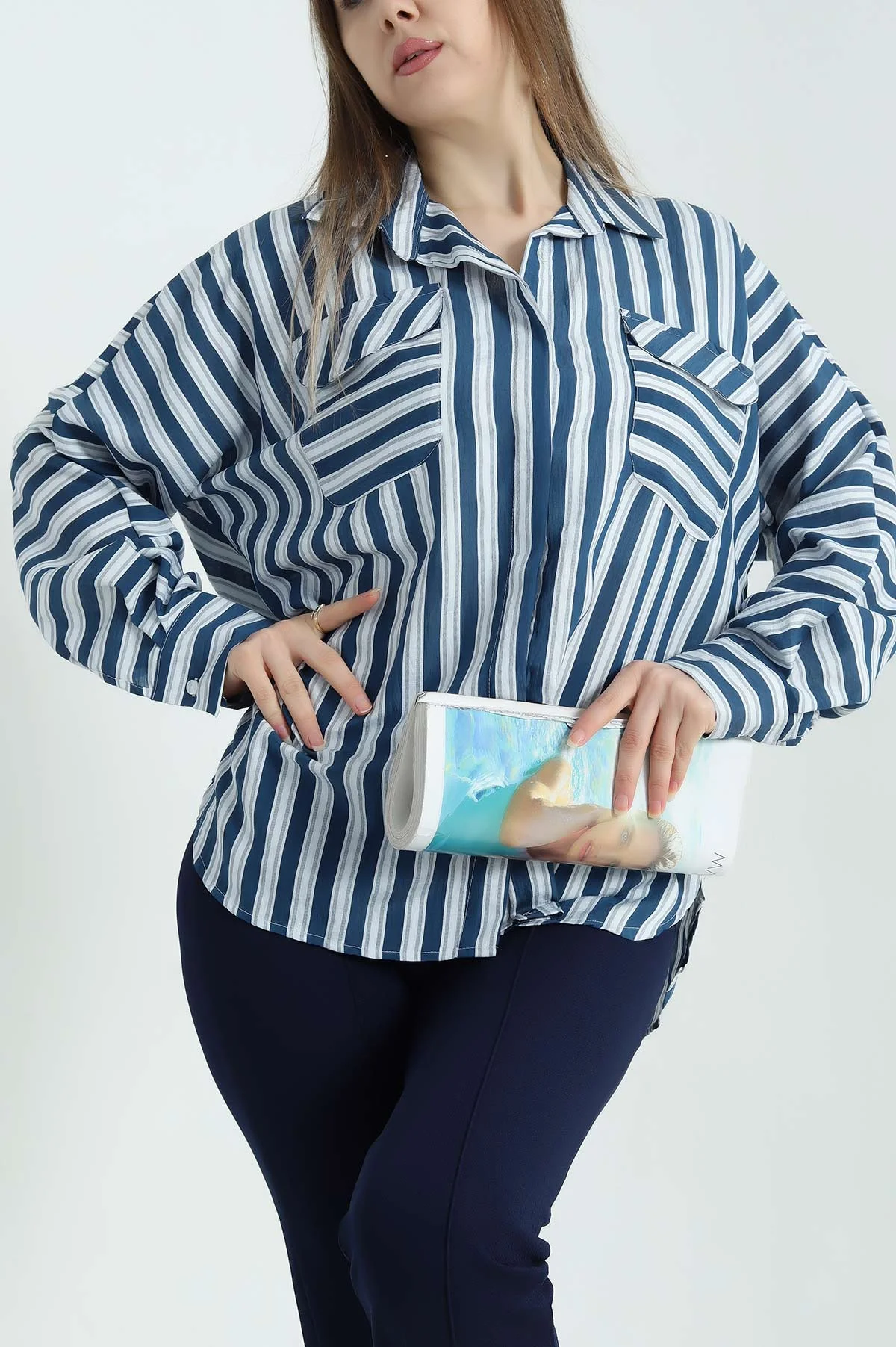 Lacivert Çizgili Oversize Dokuma Bayan Gömlek 336992