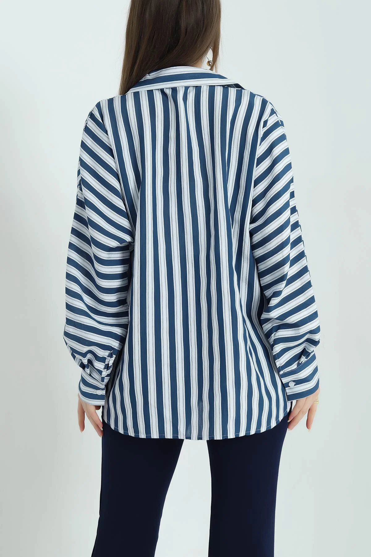 Lacivert Çizgili Oversize Dokuma Bayan Gömlek 336992