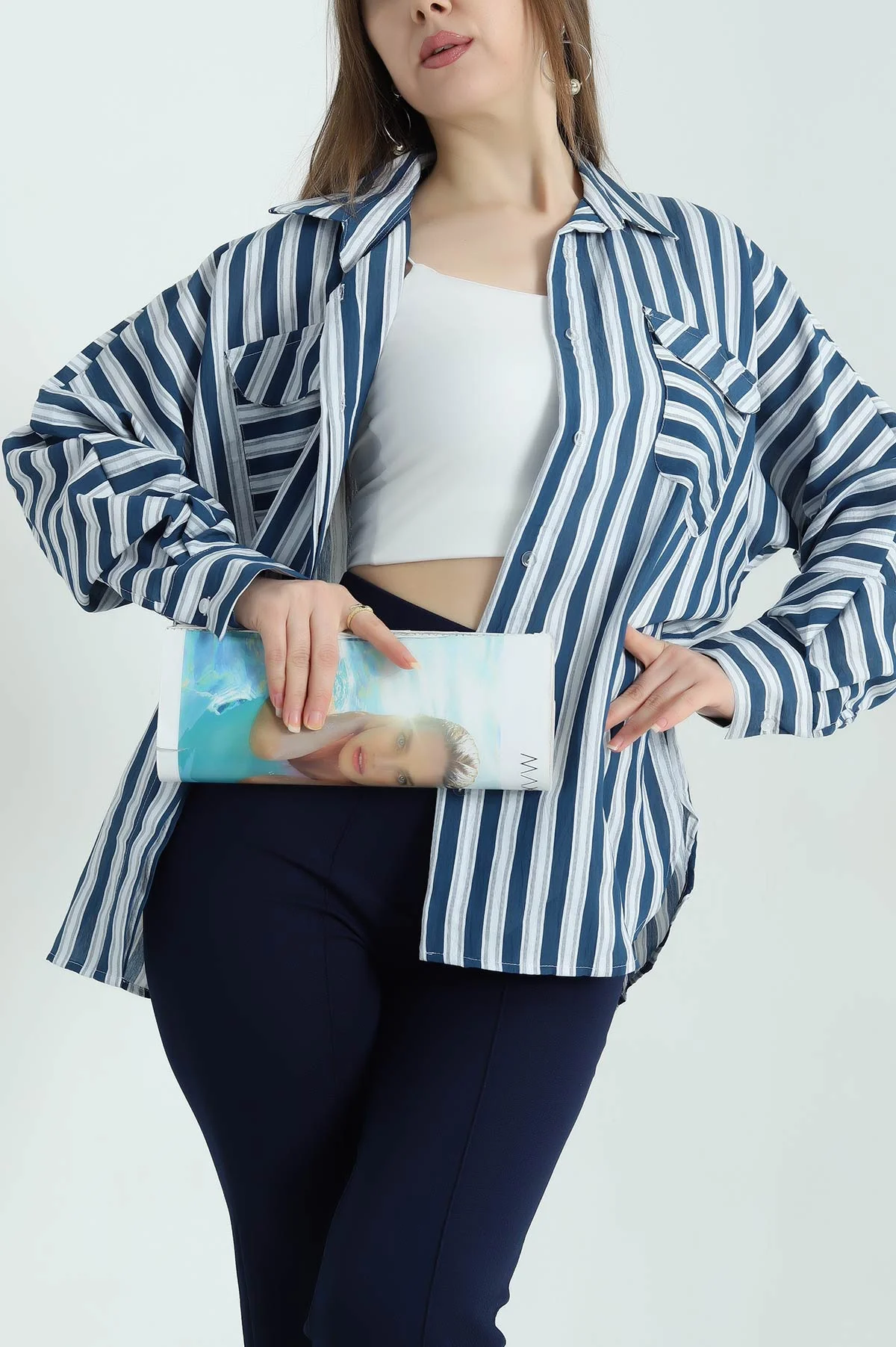 Lacivert Çizgili Oversize Dokuma Bayan Gömlek 336992