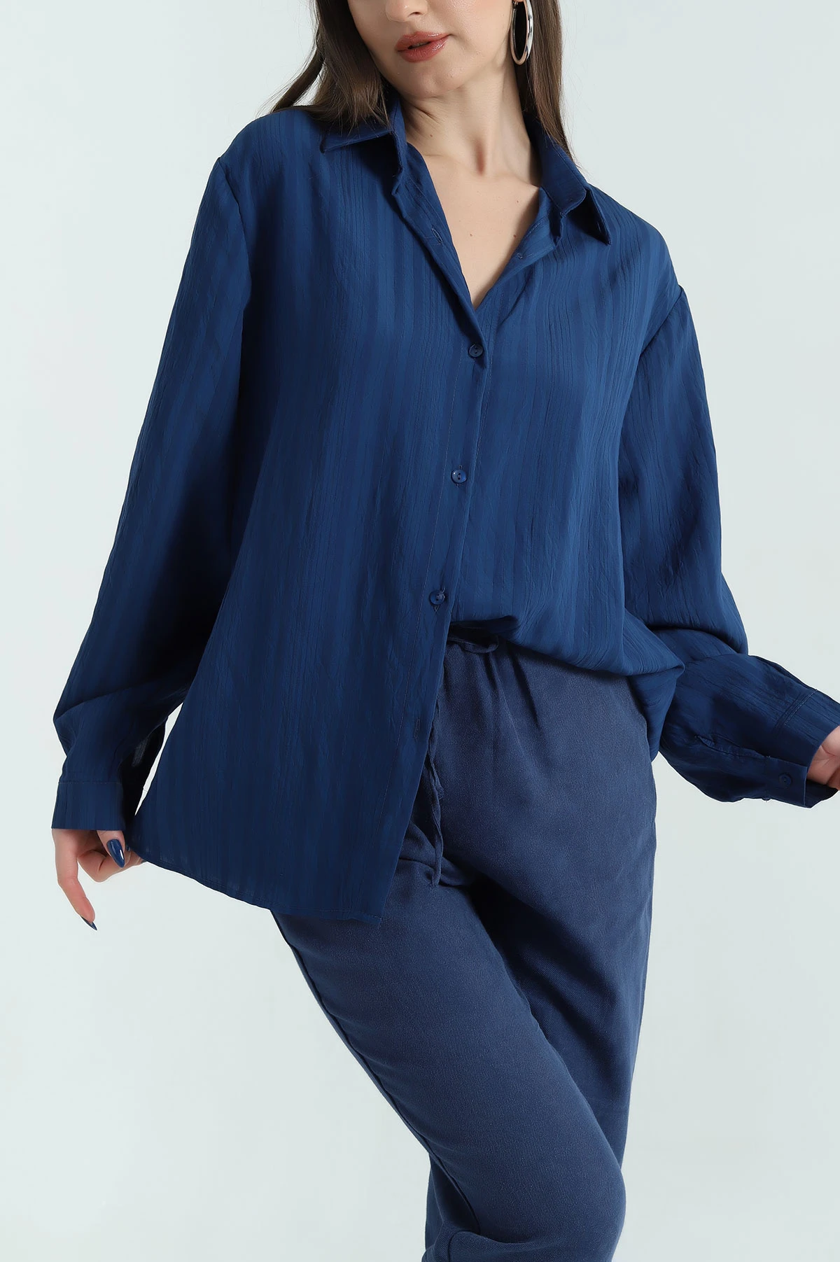 Lacivert Çizgili Oversize Dokuma GÖmlek 337018