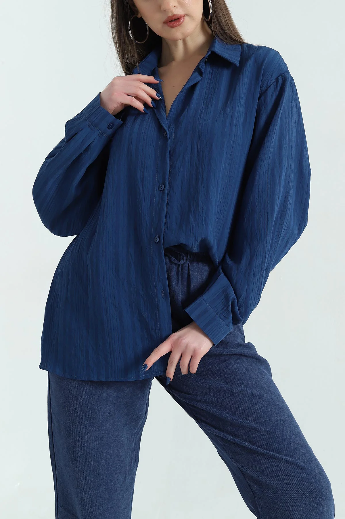 Lacivert Çizgili Oversize Dokuma GÖmlek 337018