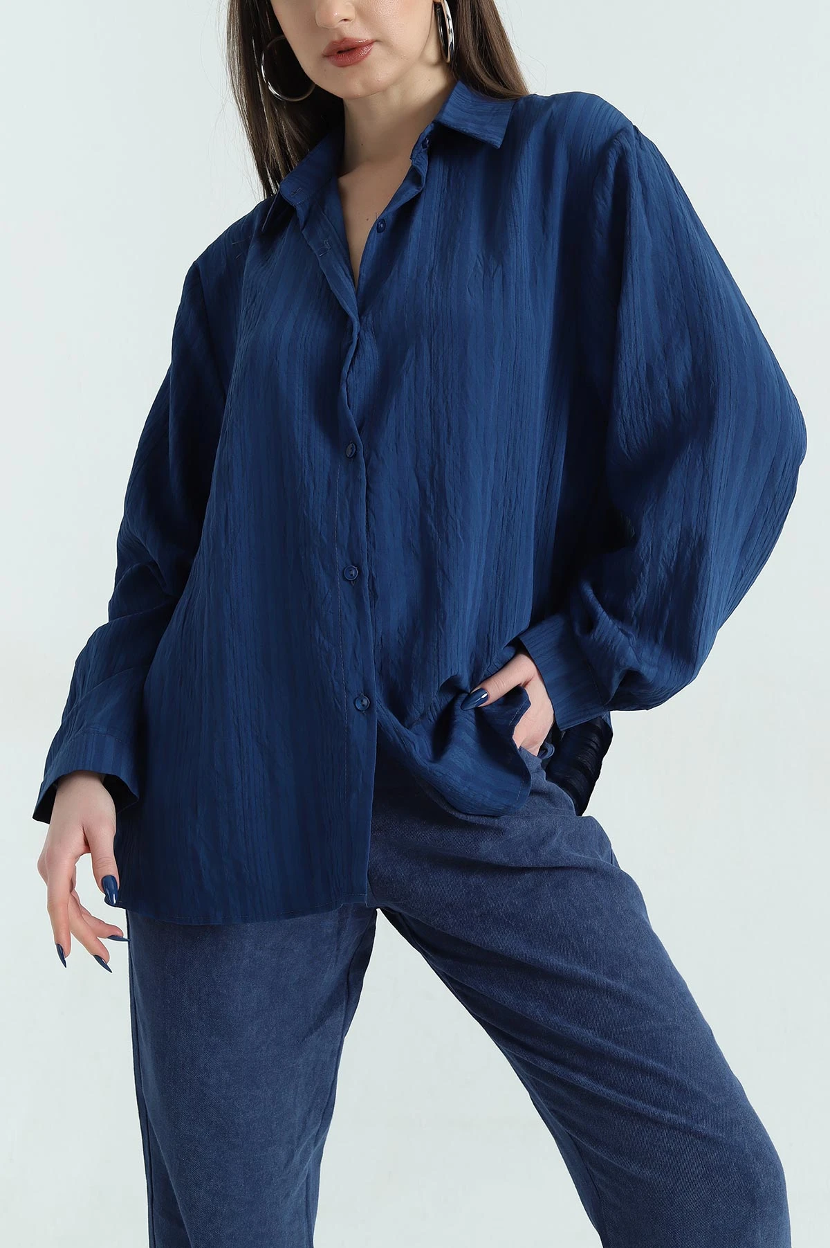 Lacivert Çizgili Oversize Dokuma GÖmlek 337018