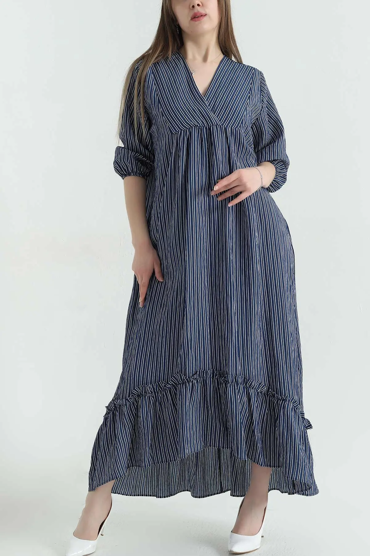 Lacivert Çizgili Oversize Dokuma Kadın Elbise 355263