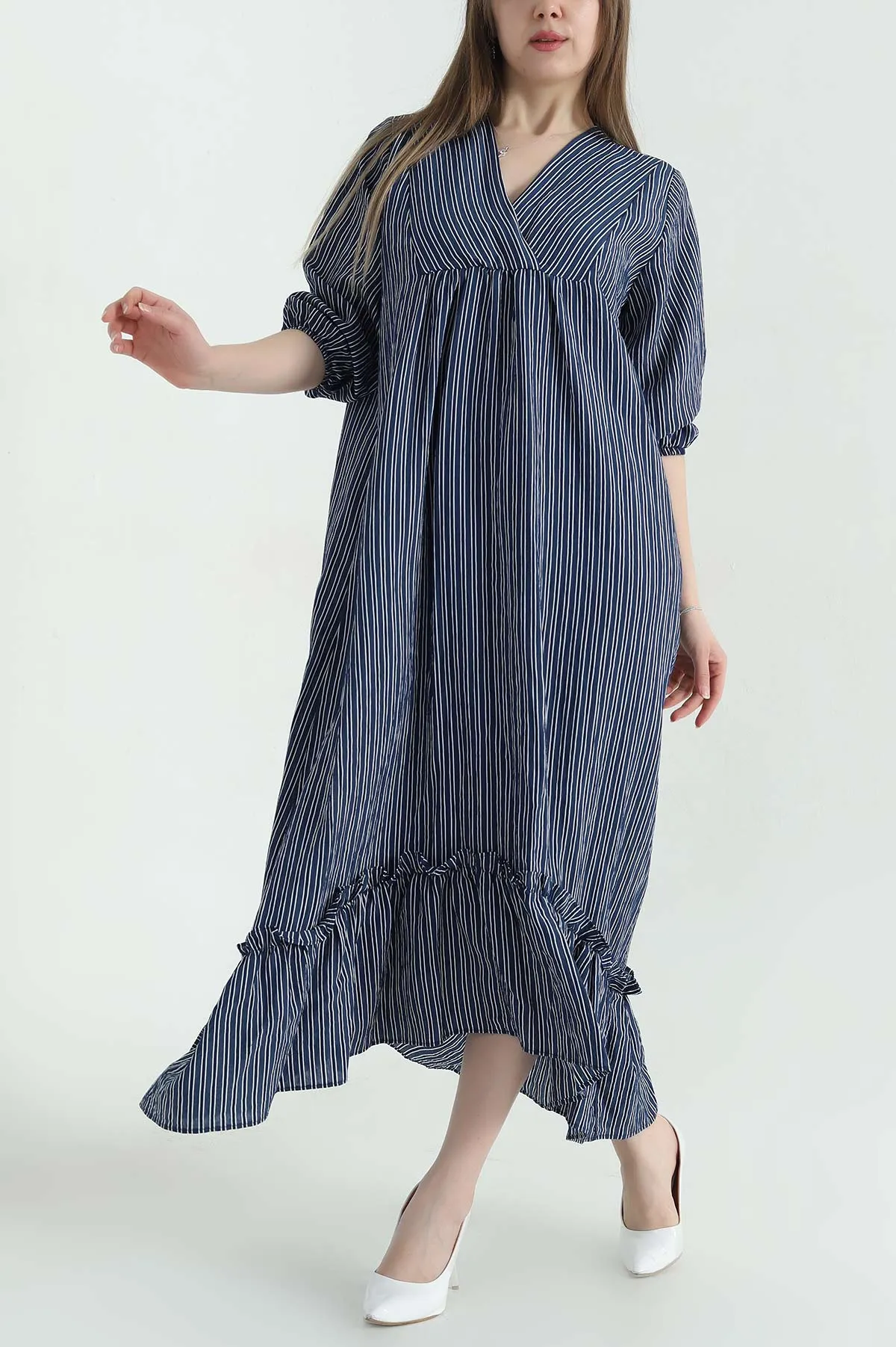 Lacivert Çizgili Oversize Dokuma Kadın Elbise 355263