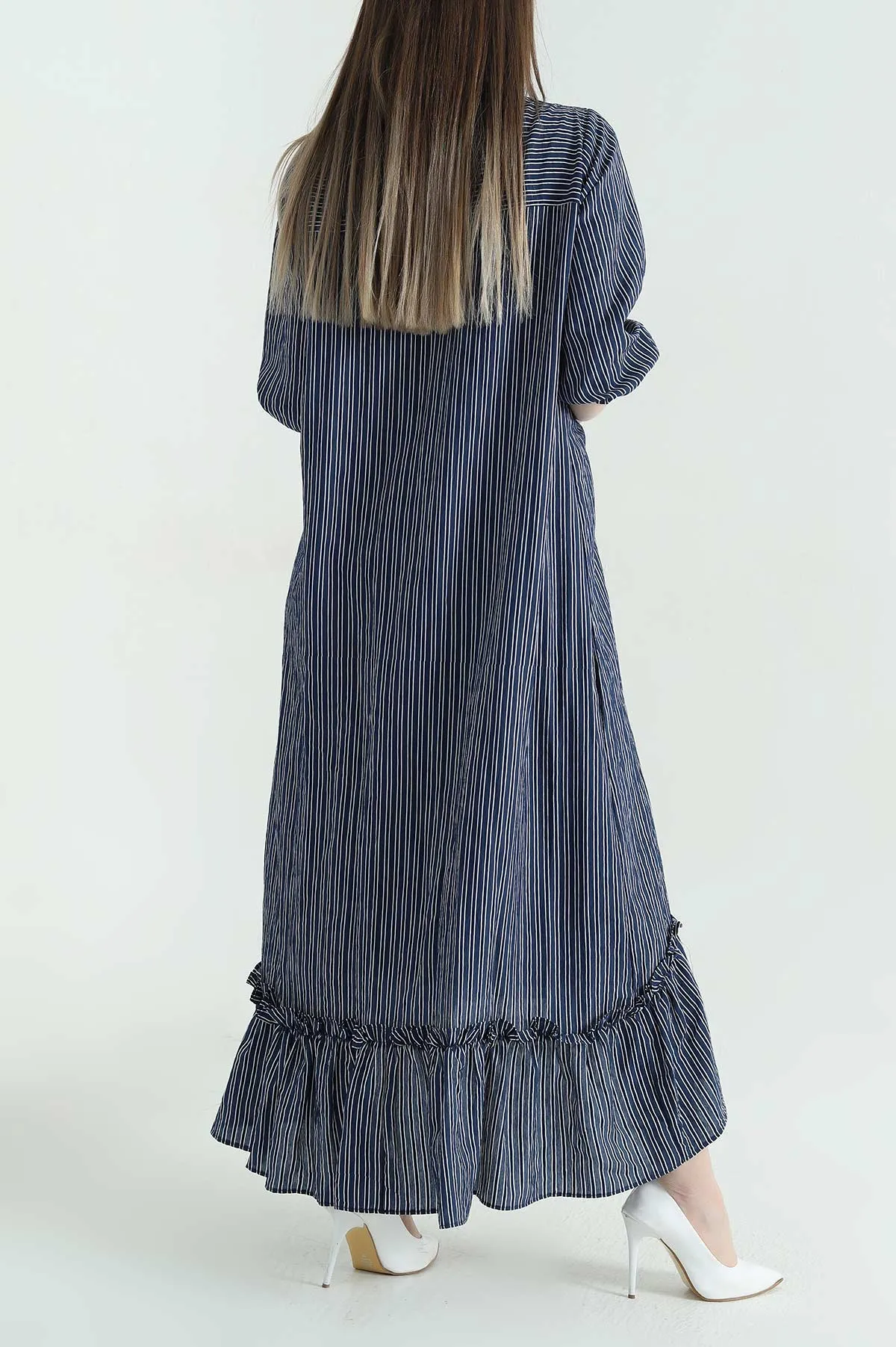 Lacivert Çizgili Oversize Dokuma Kadın Elbise 355263