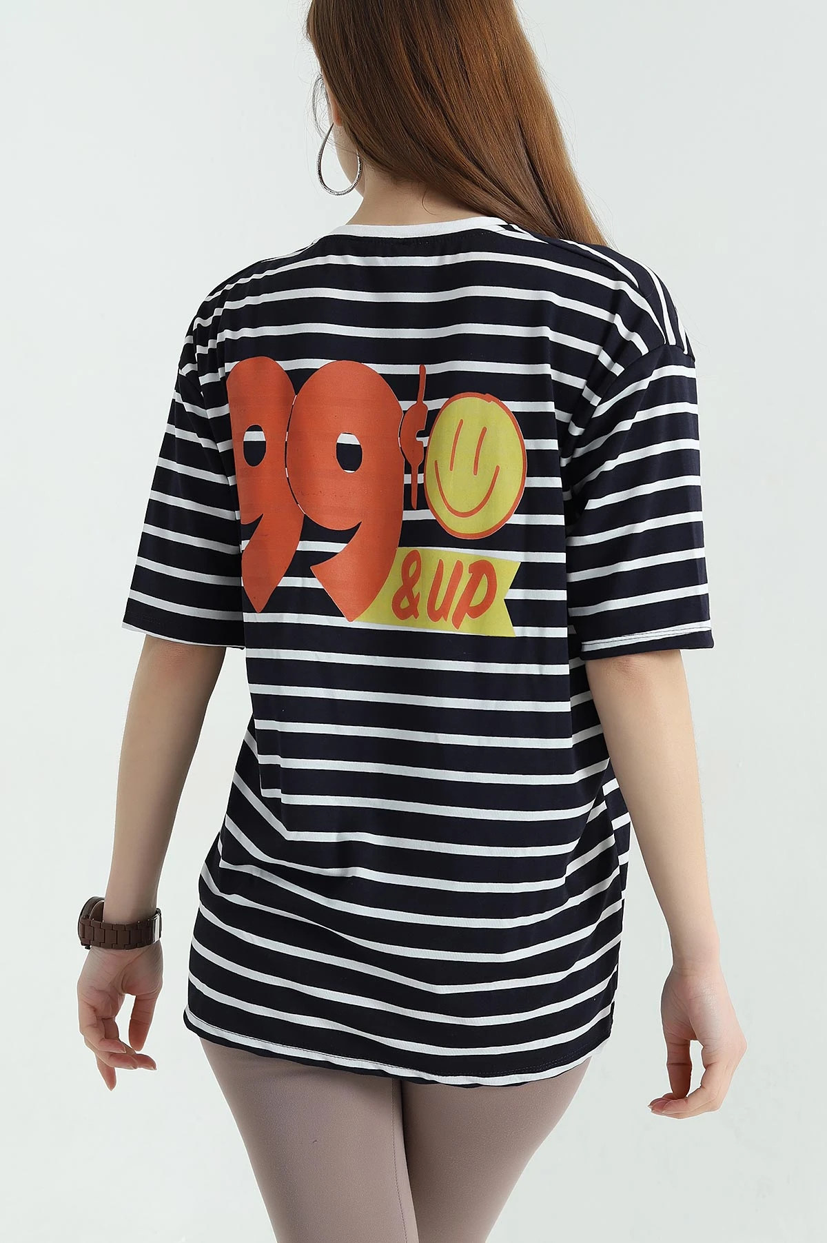 Lacivert Çizgili Oversize Kadın Tişört 354284