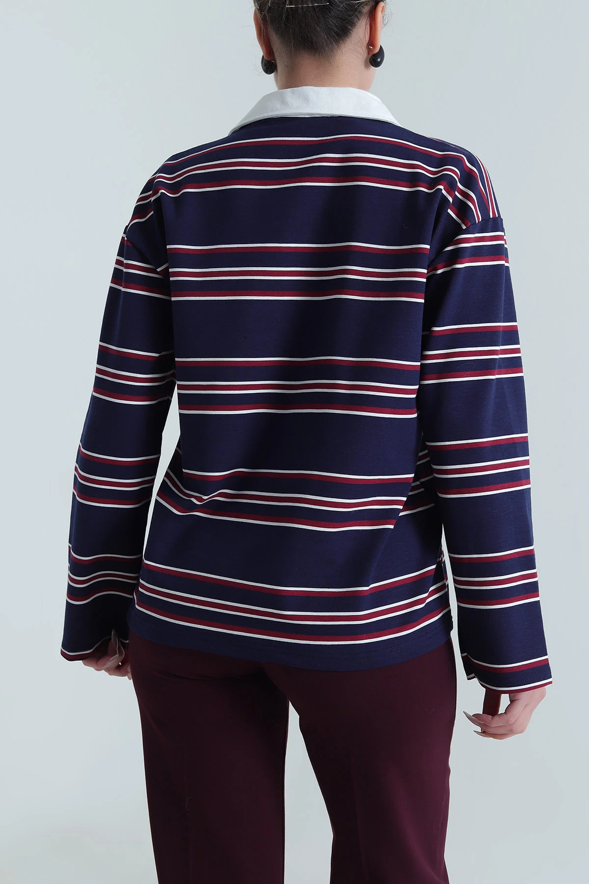 Lacivert Çizgili Polo Yaka İki İp Kadın Sweat 492568