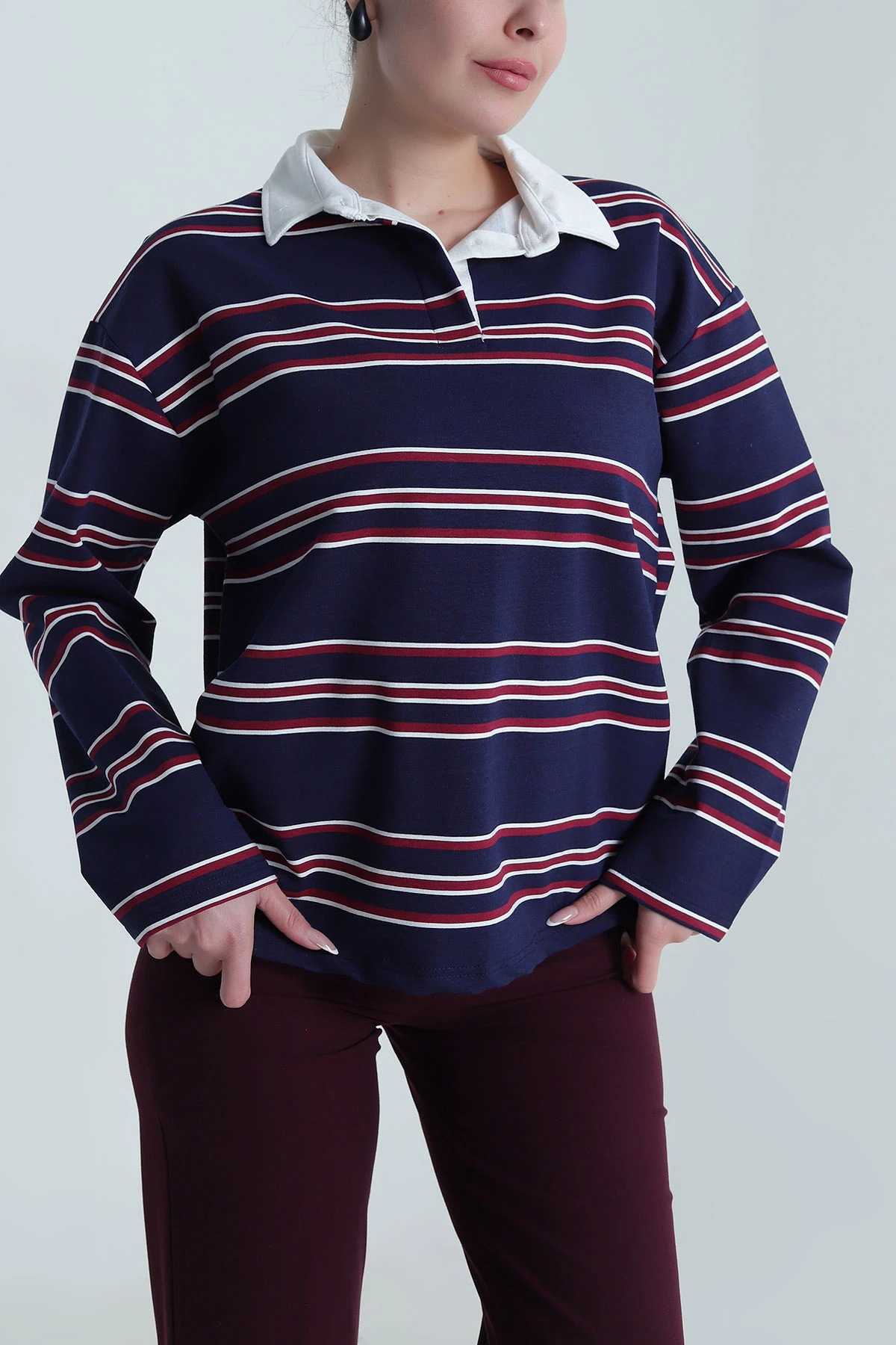 Lacivert Çizgili Polo Yaka İki İp Kadın Sweat 492568