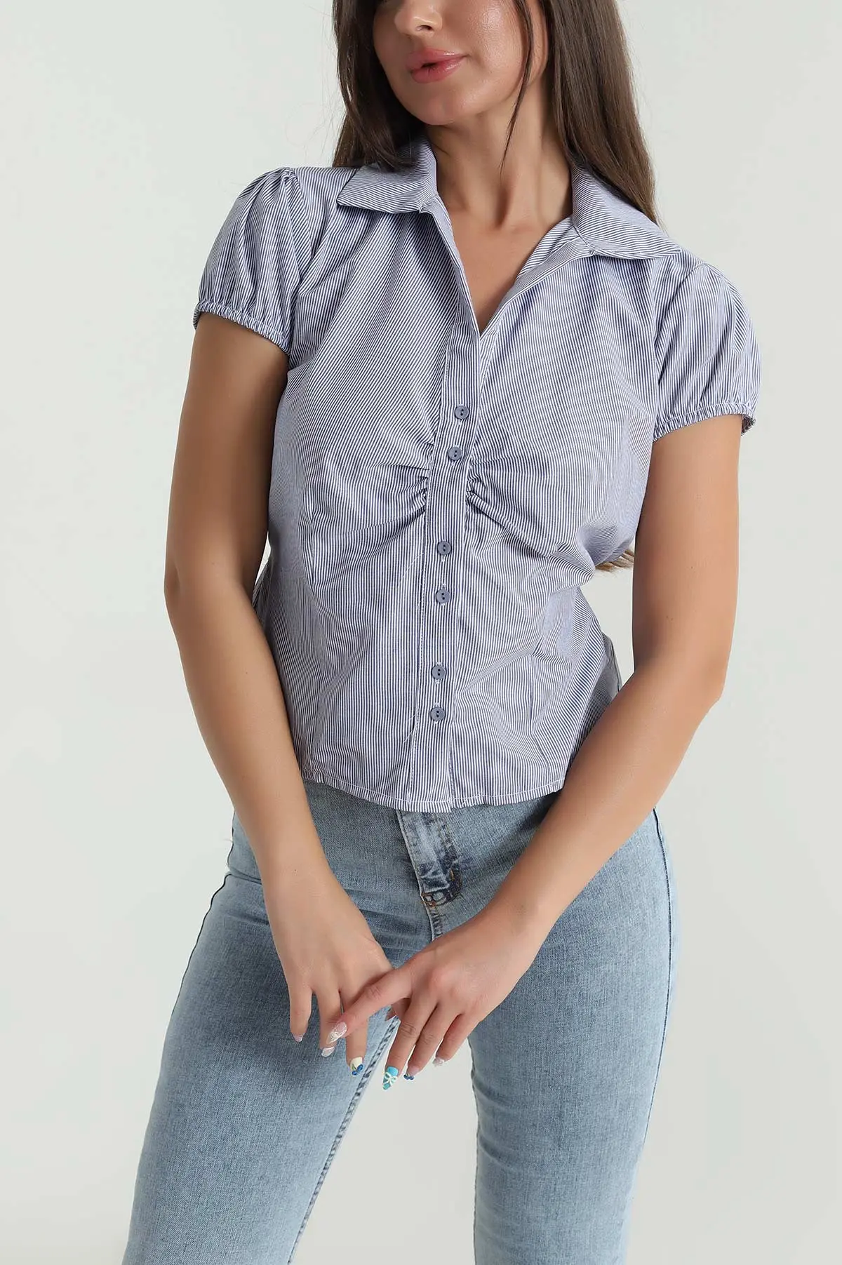 Lacivert Çizgili Poplin Kadın Gömlek 481007