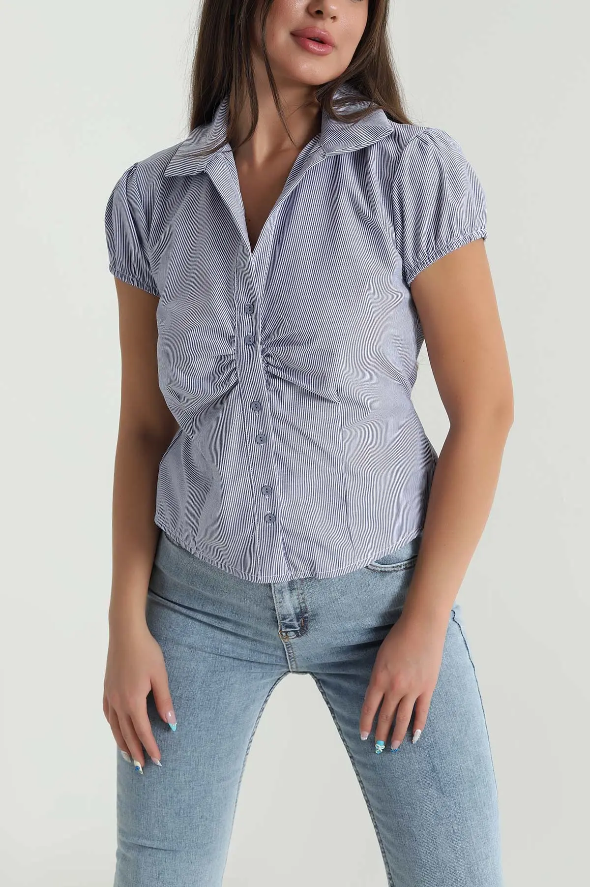 Lacivert Çizgili Poplin Kadın Gömlek 481007