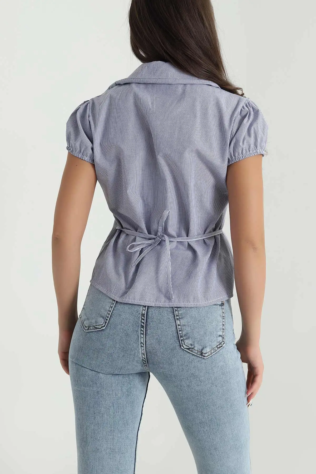 Lacivert Çizgili Poplin Kadın Gömlek 481007