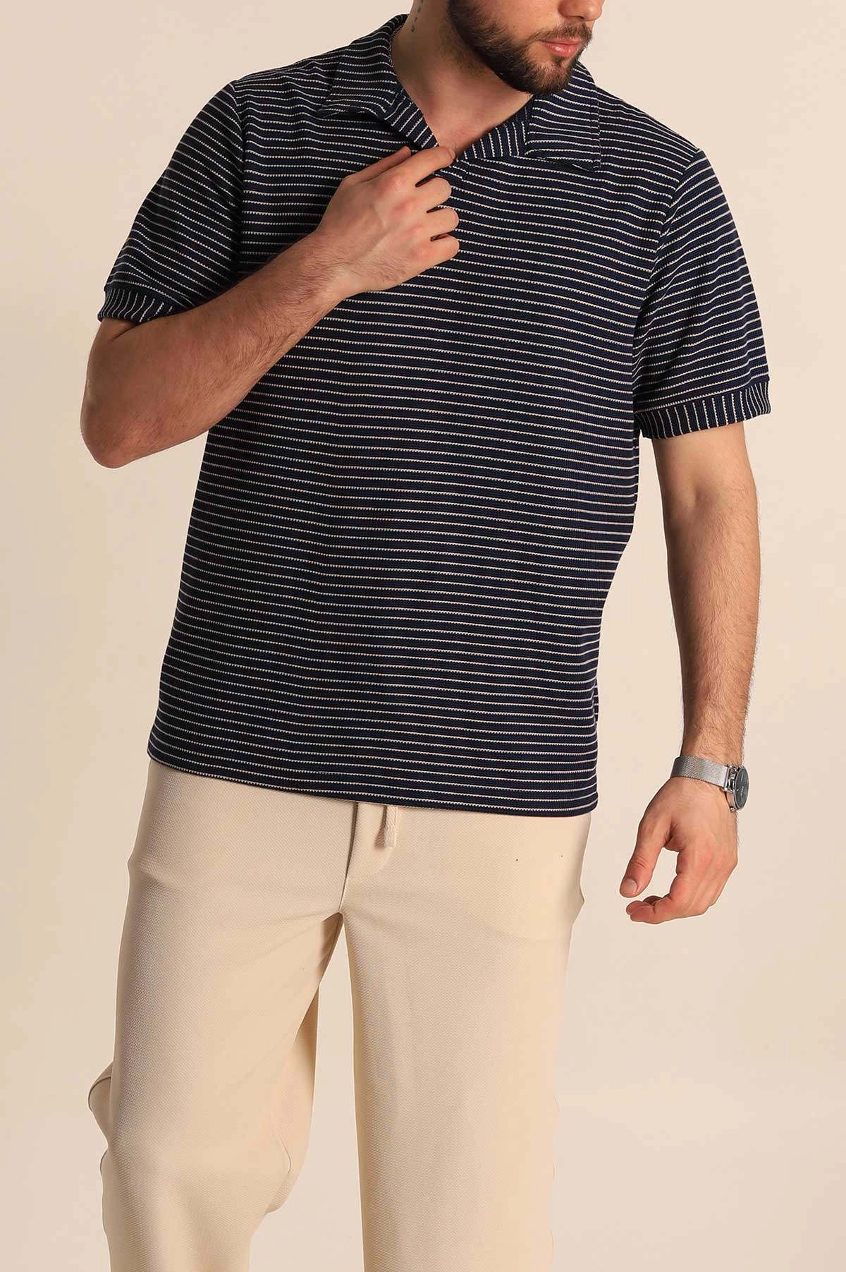 Lacivert Çizgili Regular Fit Dokulu Polo Yaka Erkek Tişört 277086