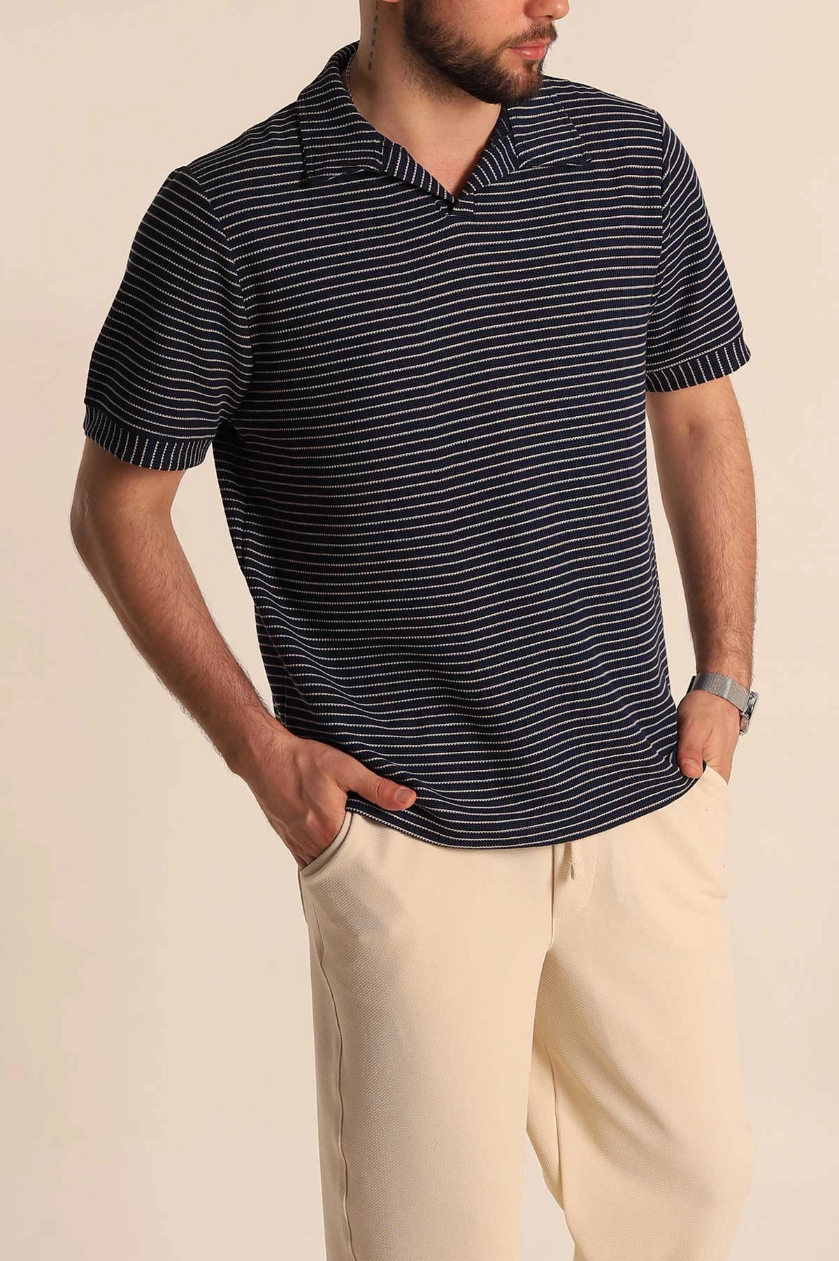 Lacivert Çizgili Regular Fit Dokulu Polo Yaka Erkek Tişört 277086