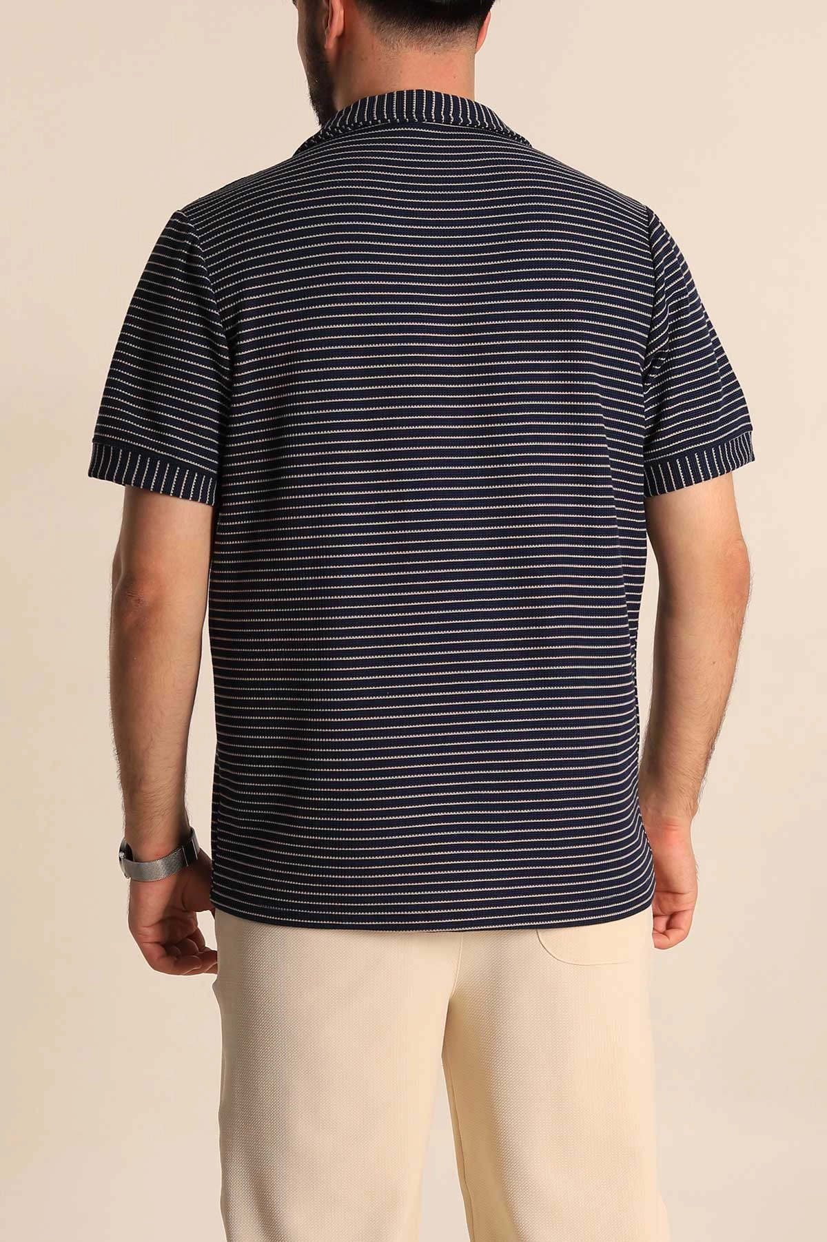 Lacivert Çizgili Regular Fit Dokulu Polo Yaka Erkek Tişört 277086