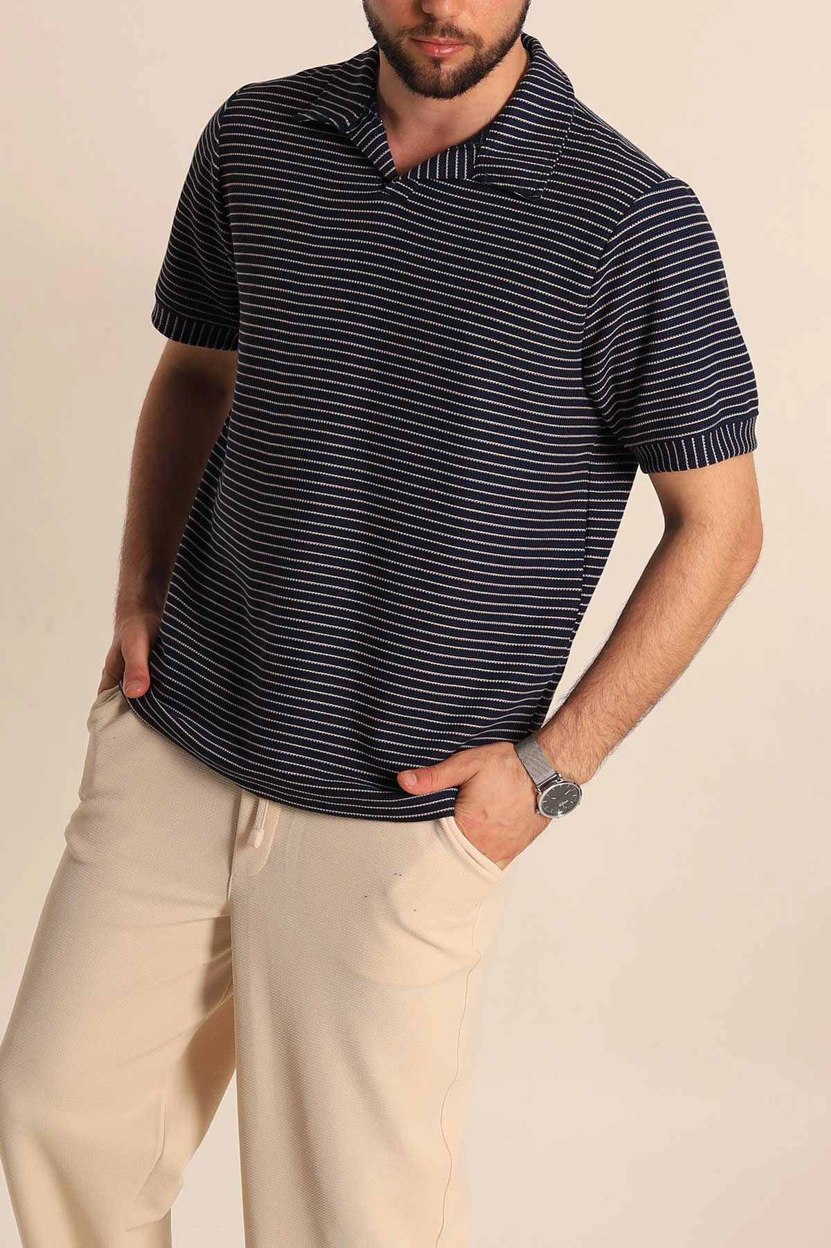 Lacivert Çizgili Regular Fit Dokulu Polo Yaka Erkek Tişört 277086