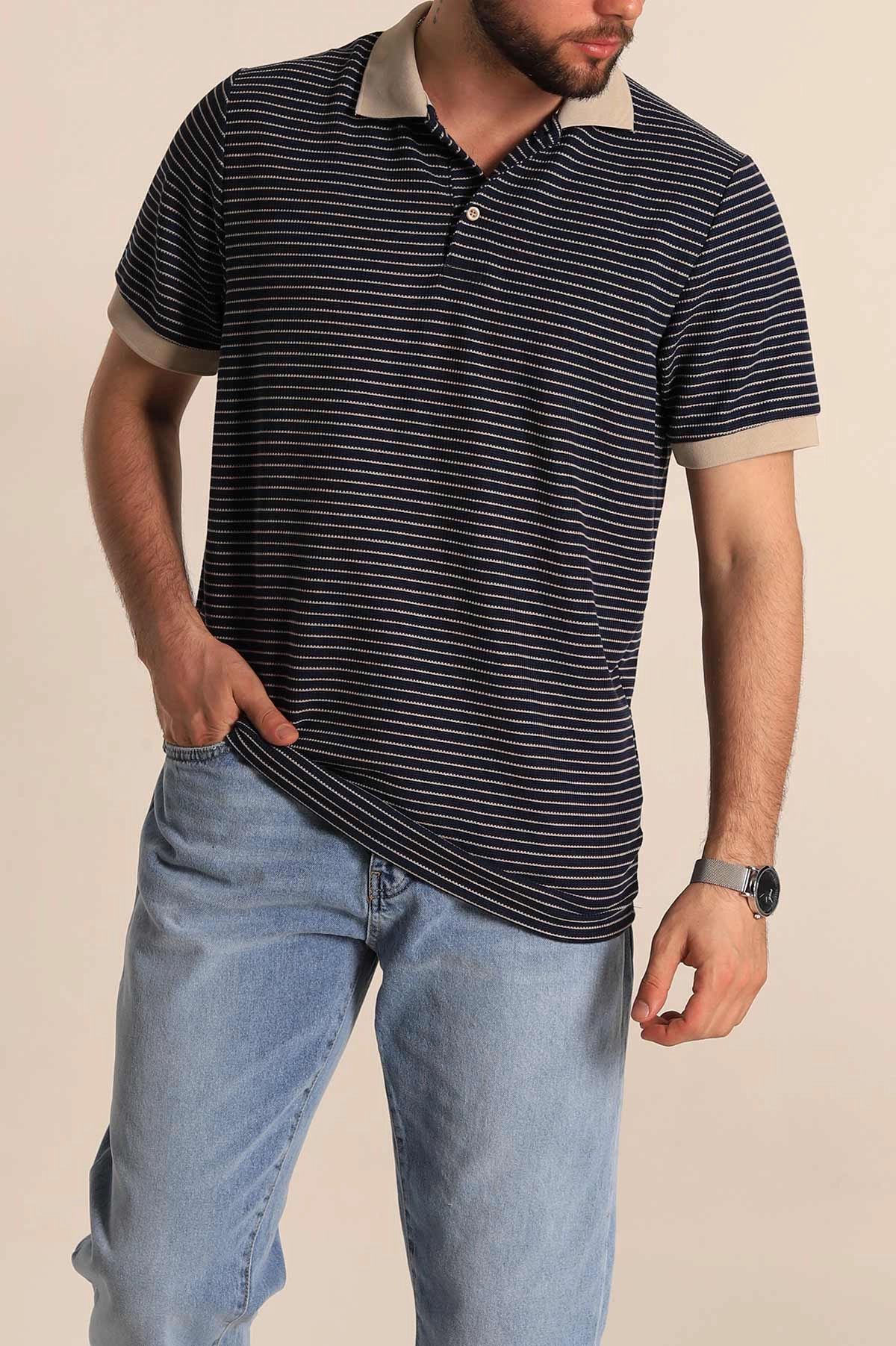 Lacivert Çizgili Regular Fit Polo Yaka Erkek Tişört 277108