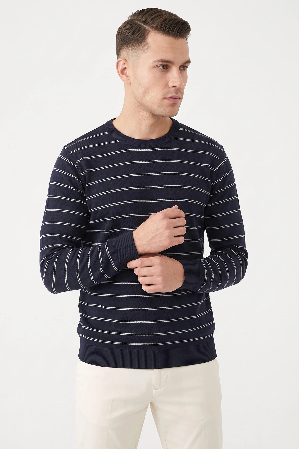 Lacivert Çizgili Viskon Triko Erkek Sweatshirt 482855