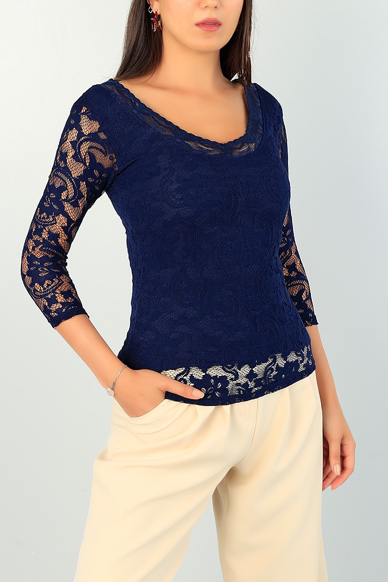 Lacivert Dantel Tasarım Astarlı Bluz 73164