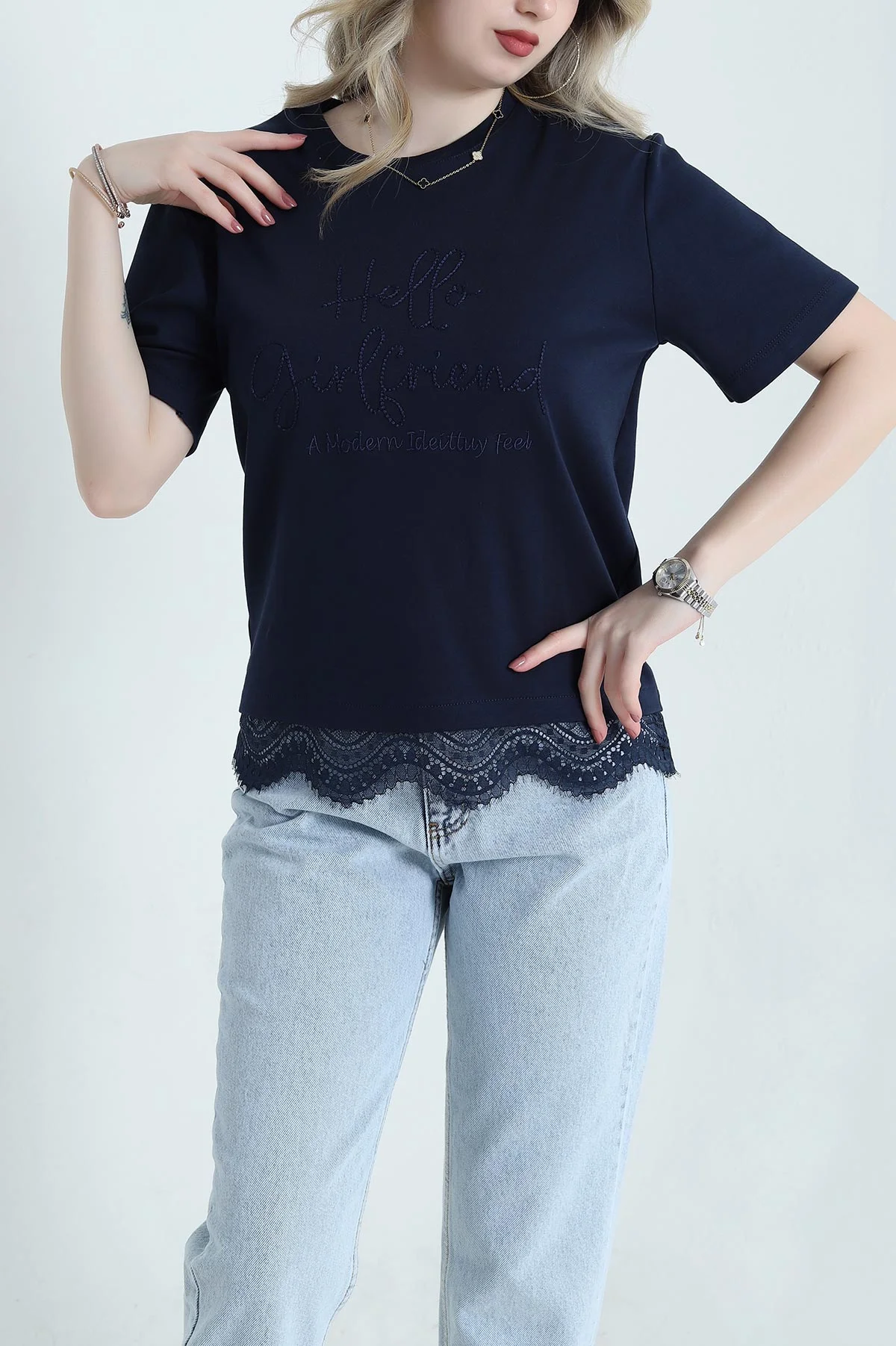 Lacivert Dantelli İnterlok Kadın Bluz 457618