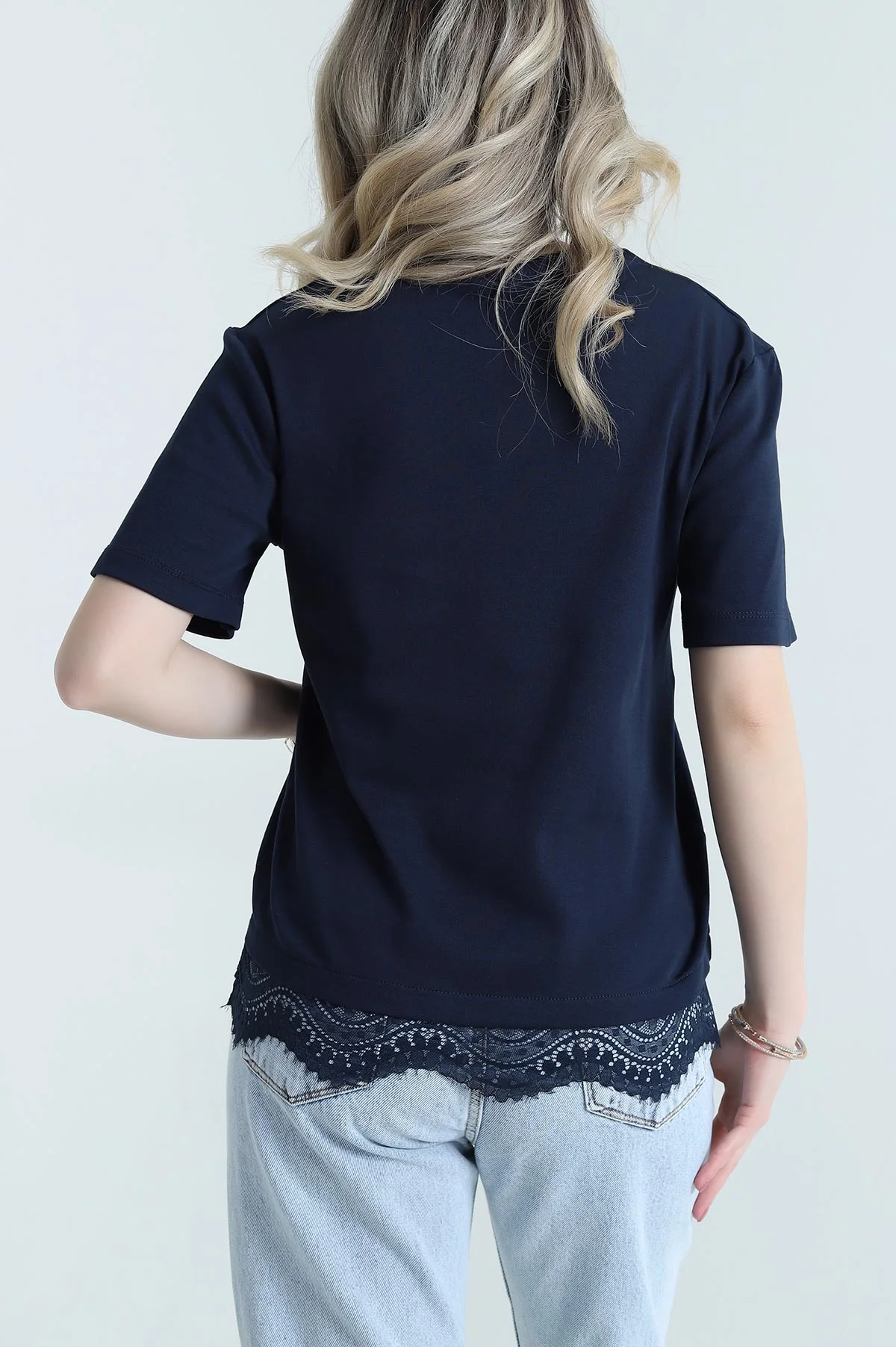 Lacivert Dantelli İnterlok Kadın Bluz 457618