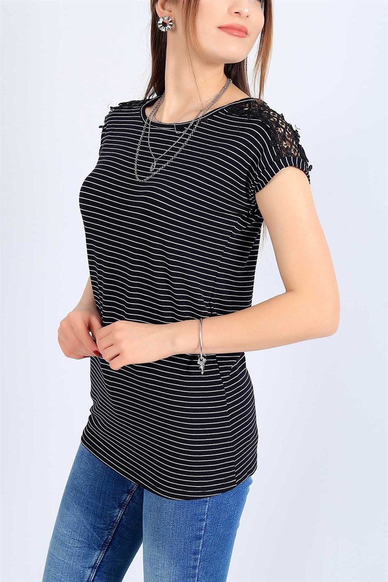 Lacivert Dantelli Omuz Tişört 27087B