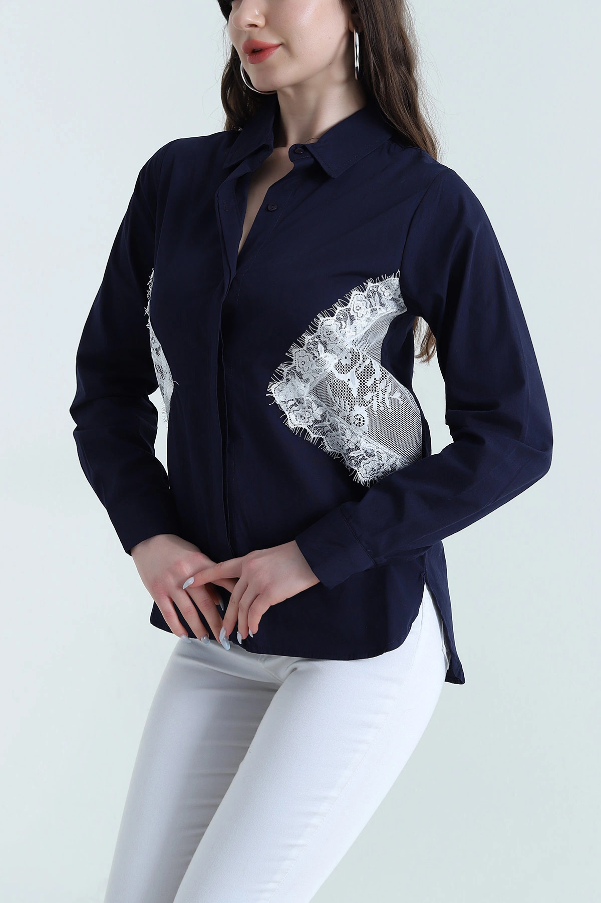 Lacivert Dantelli Uzun Kollu Poplin Kadın Gömlek 448941