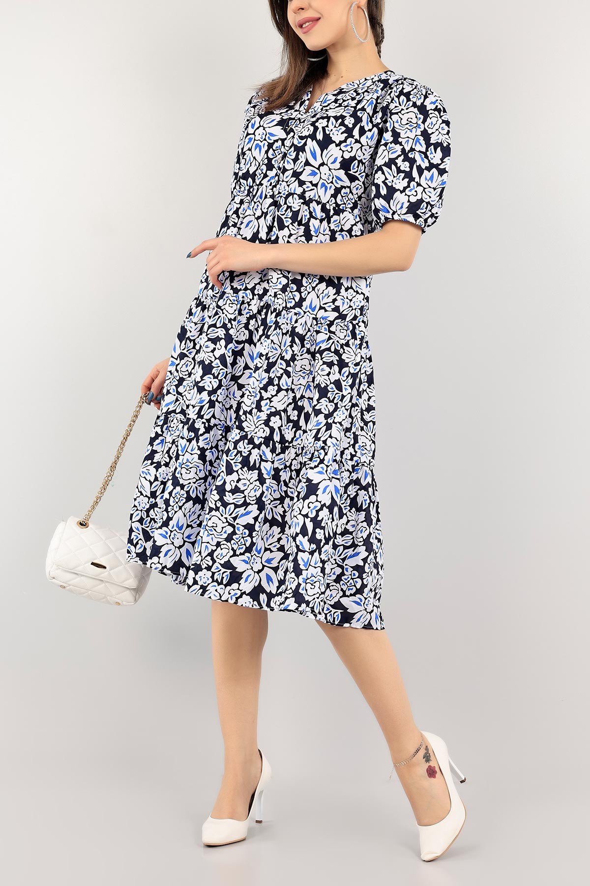 Lacivert Desenli Poplin Dokuma Elbise 110425